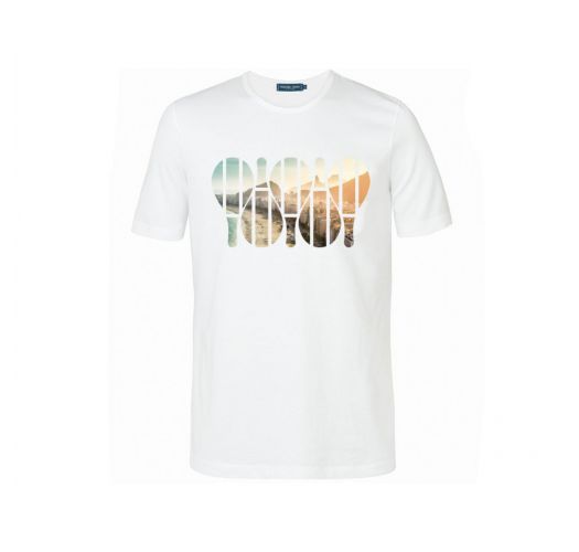 Camiseta blanca con estampado de frescobol / puesta de sol - T-SHIRT REGULAR AMANHECER