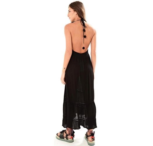 Long black beach dress with embroidery - VESTIDO LONGO FARM FRENTE UNICA - PRETO