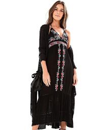 Long black beach dress with embroidery - VESTIDO LONGO FARM FRENTE UNICA - PRETO