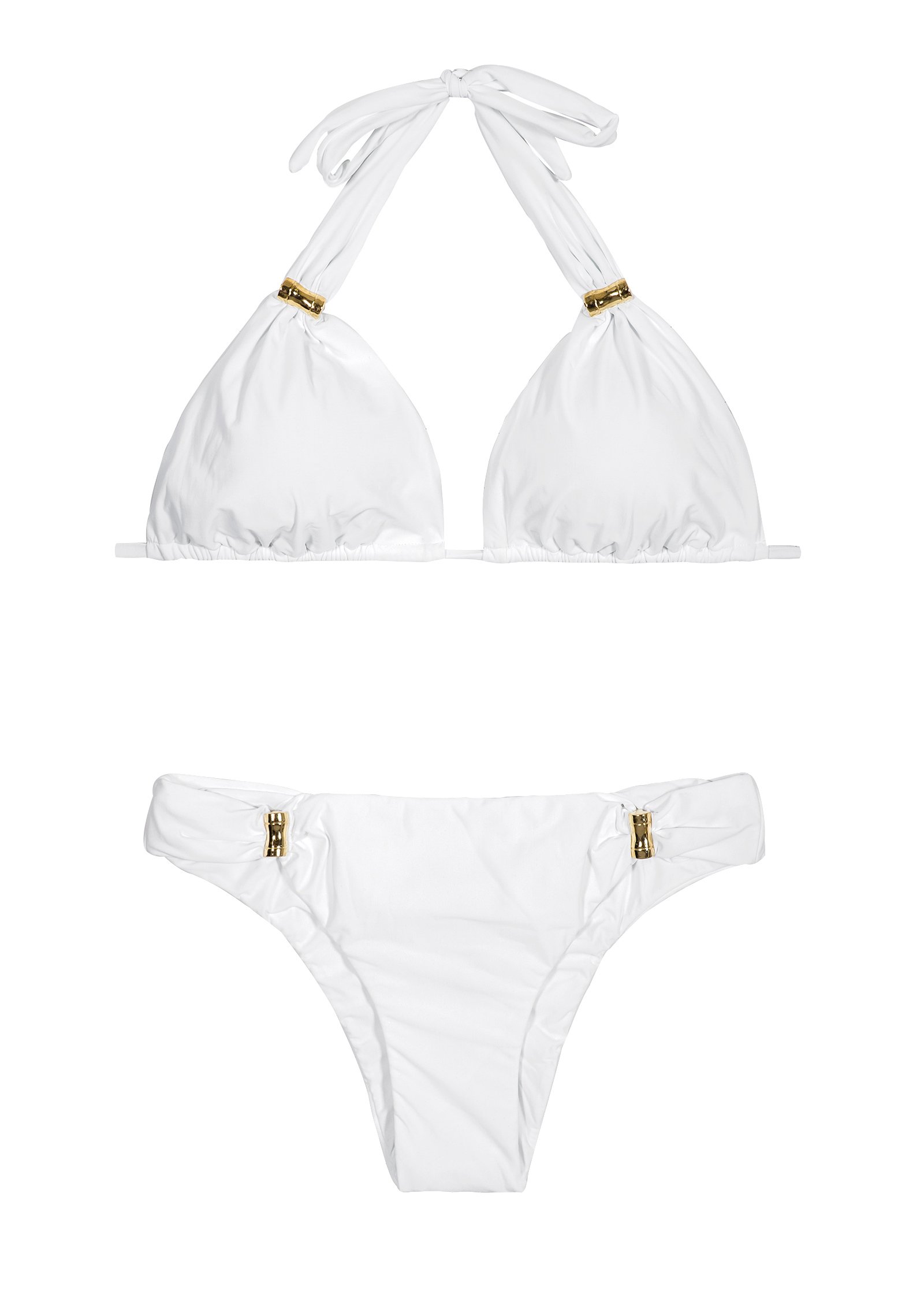 White Fully Lined Scarf Effect Triangle Bikini With Gold Tone Hardware 