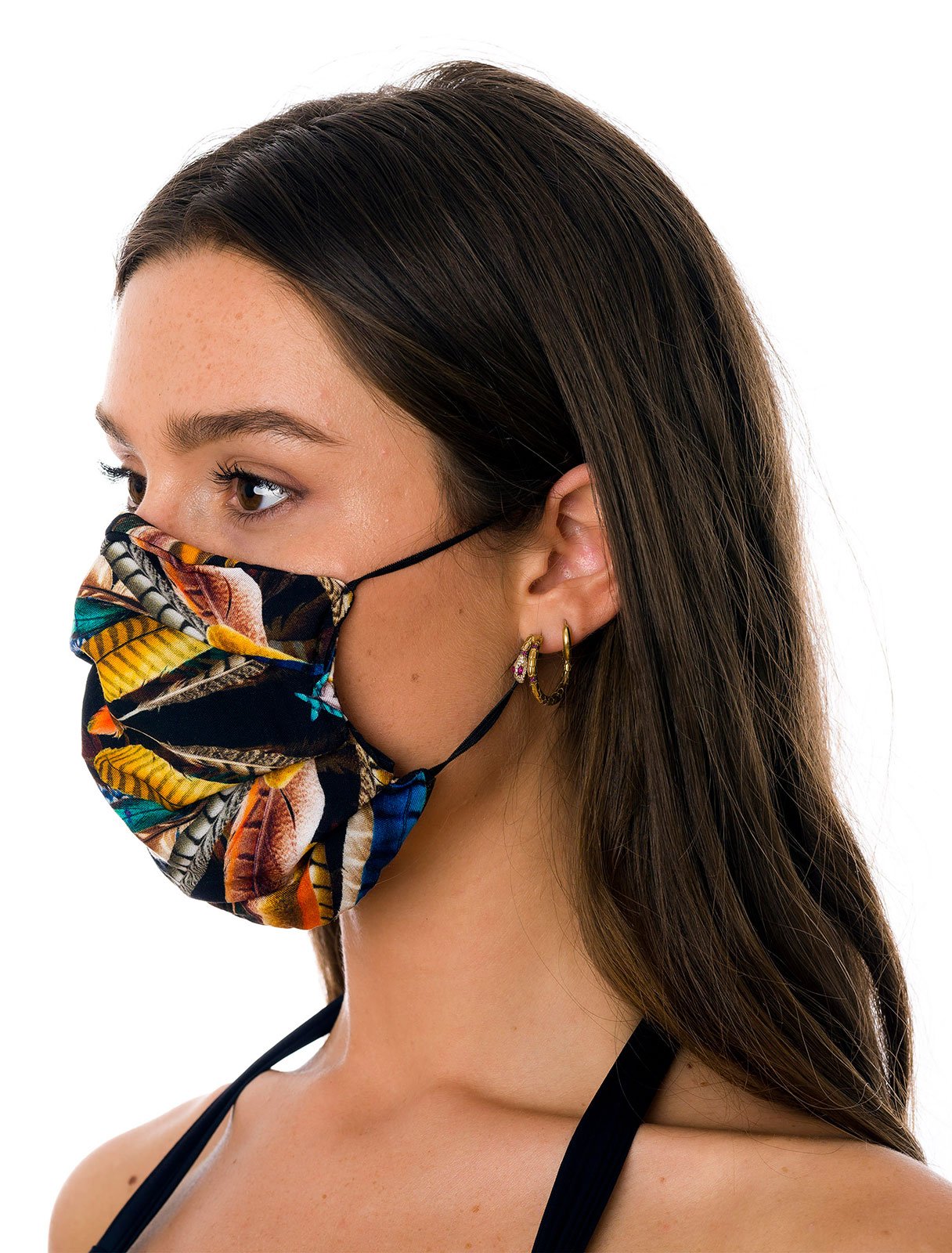  Masque  Tissu  R utilisable 3 Plis Noir  Motif Plumes Face 