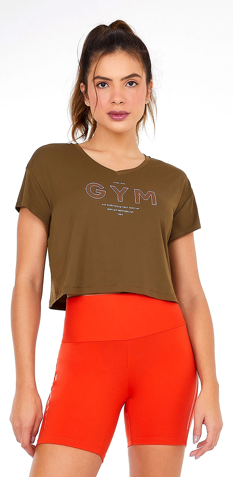 Fitness Top T Shirt Cropped Skin Fit Gym Verde Olive Brand Alto Giro 