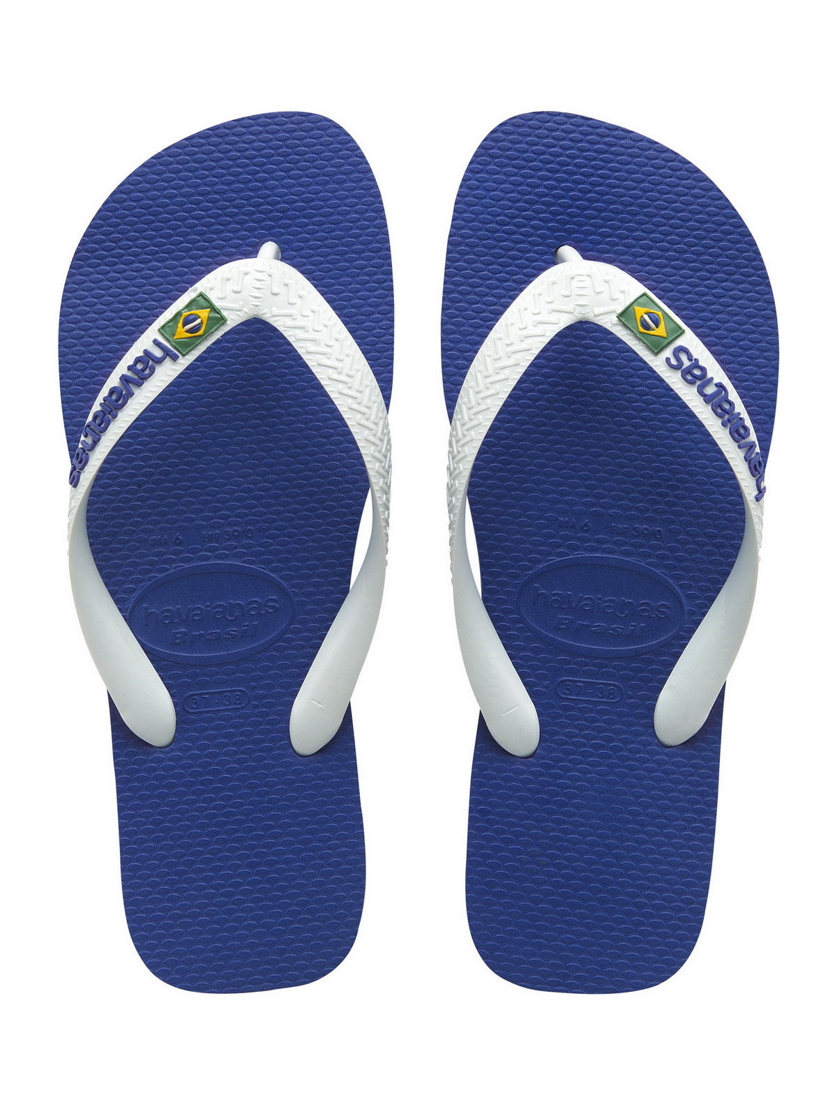 ビーチサンダル ハワイアナスのロゴ付ブルーとホワイトのビーチサンダル Brasil Logo Marine Blue