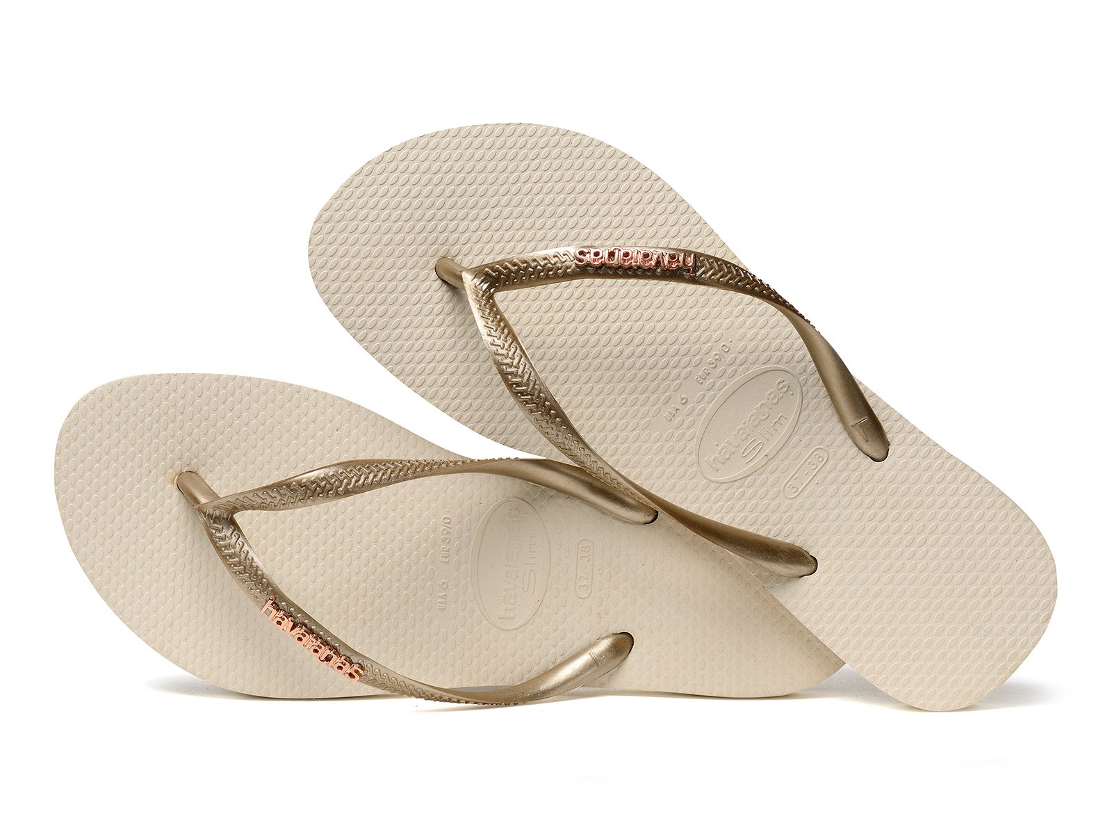 Beige Flip-flops And Gold Straps With The Havaianas Logo - Slim Logo ...