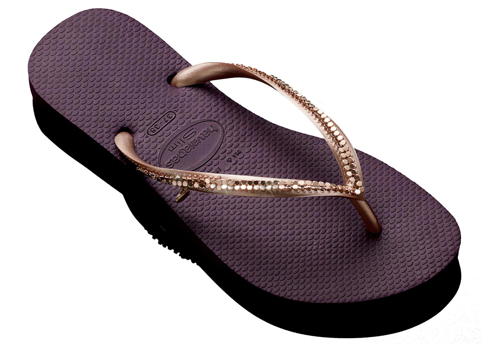 Havainanas Hand Made Purple Flip Flops With Decorative Gold Sewn Onto