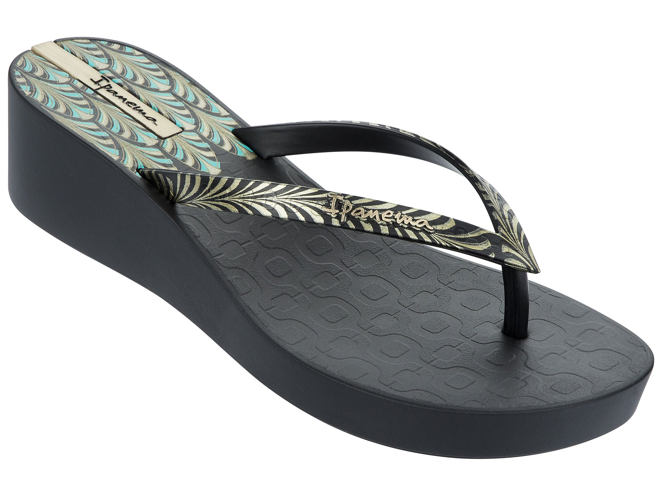 Gold Printed Black Wedge Heel Flip-flops - Art Deco - Black/black