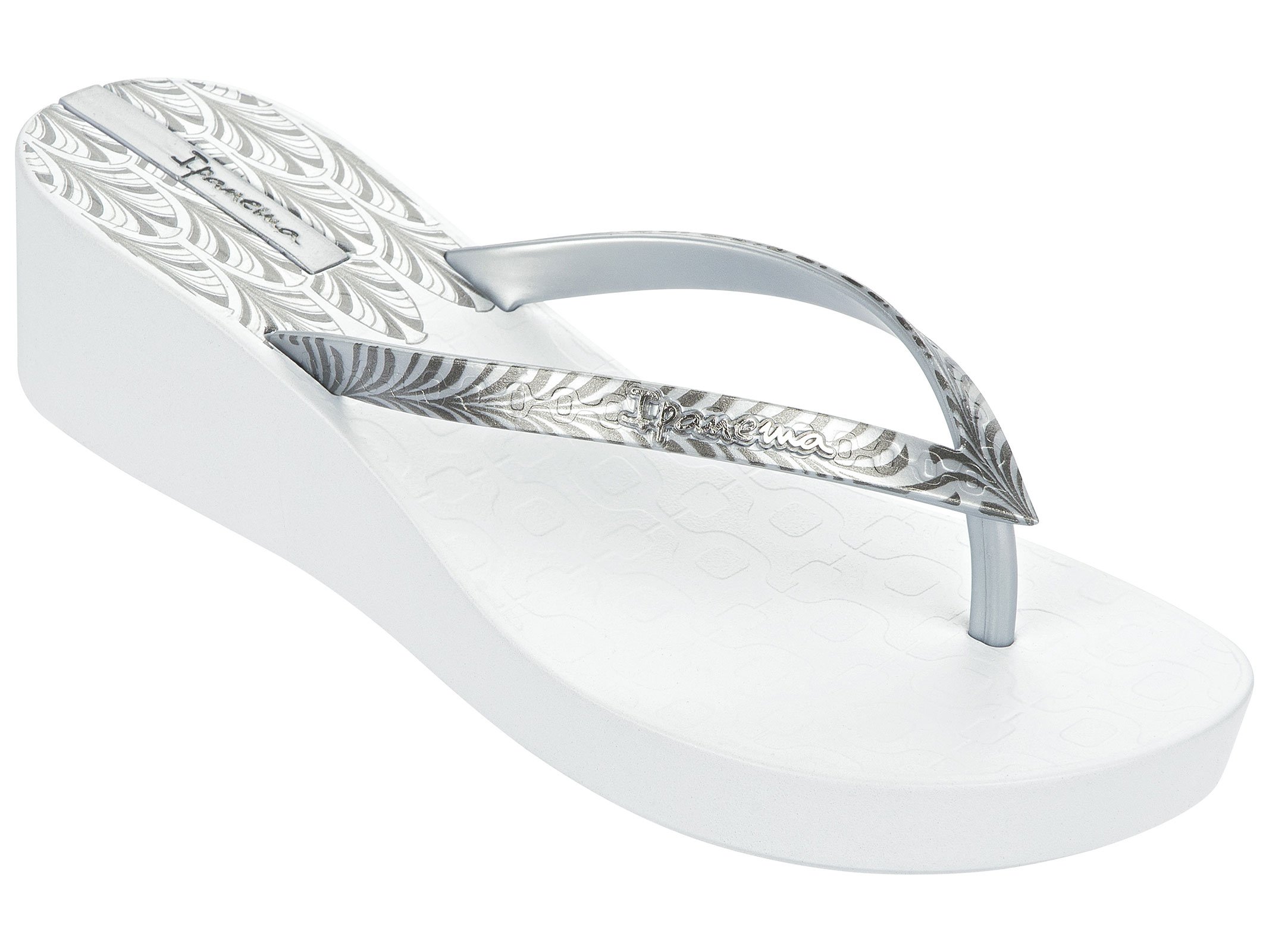 Silver Printed White Wedge Heel Flip-flops - Art Deco - White/silver