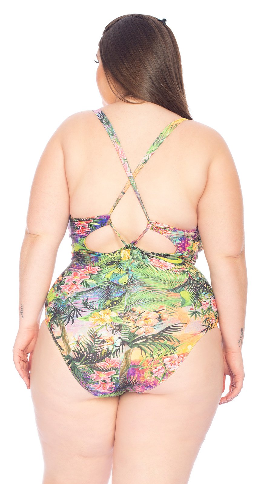 Plus Size Tropical Print One Piece Swimsuit With Strappy Neckline
