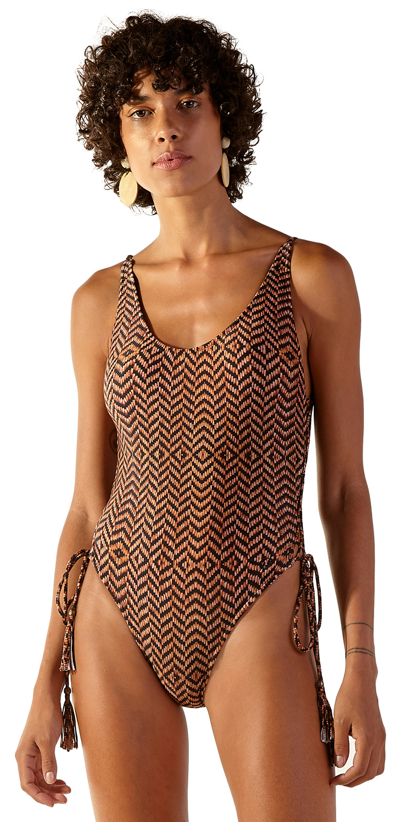 Ethnic Brown One Piece Swimsuit With Laced Sides Betta Guine Blueman 