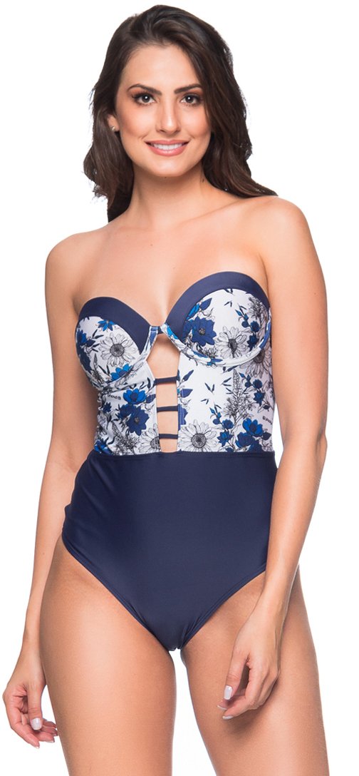 One Piece Swimsuits Sexy Navy Floral Bustier Swimsuit Abertura Atoba