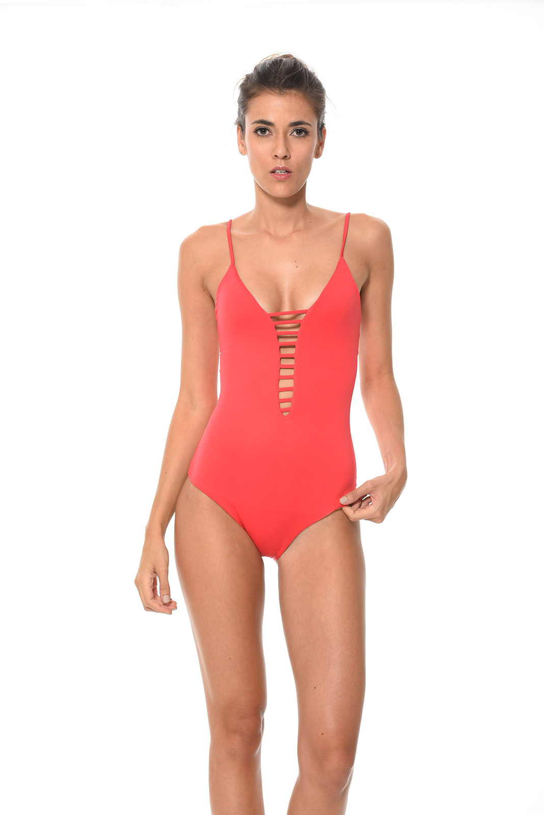 Red One Piece Swimsuit Plunging Necklineback With Decorative Straps Classy Wary Coral 