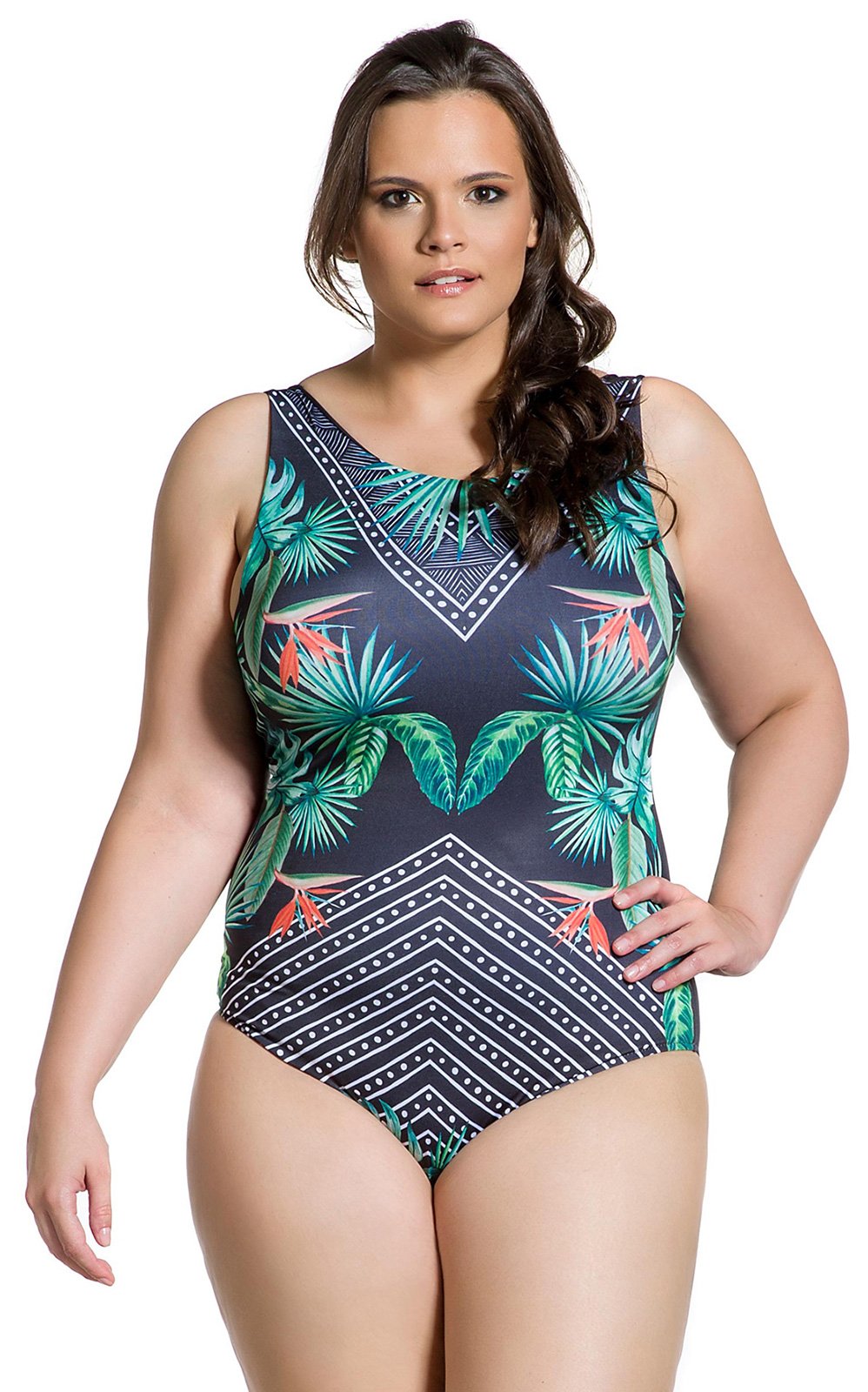 Plus Size One Piece Swimsuit In Geometric And Tropical Print Body