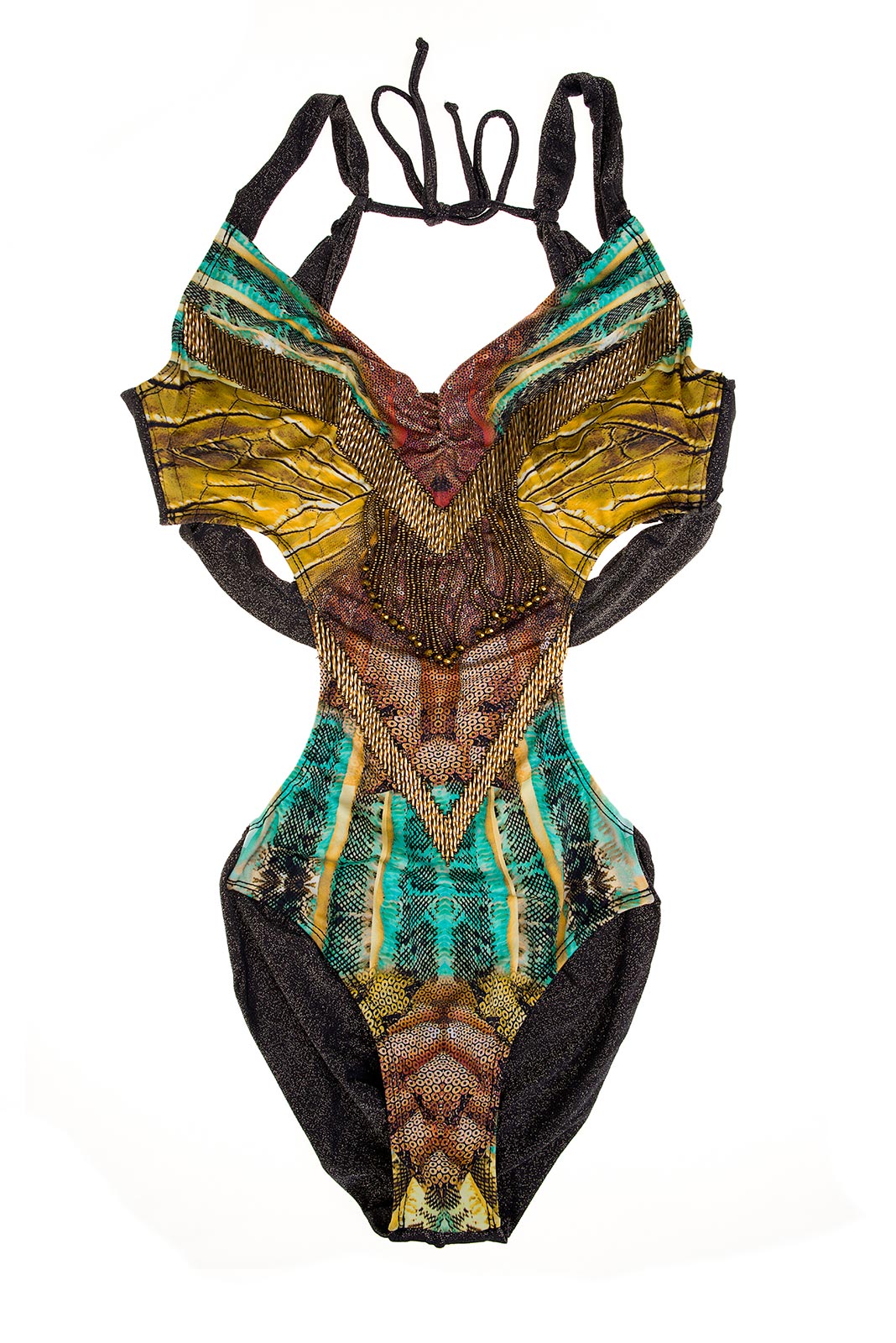 Trikini With A Printed Green And Gold, Pearl Decorated, Neckline ...