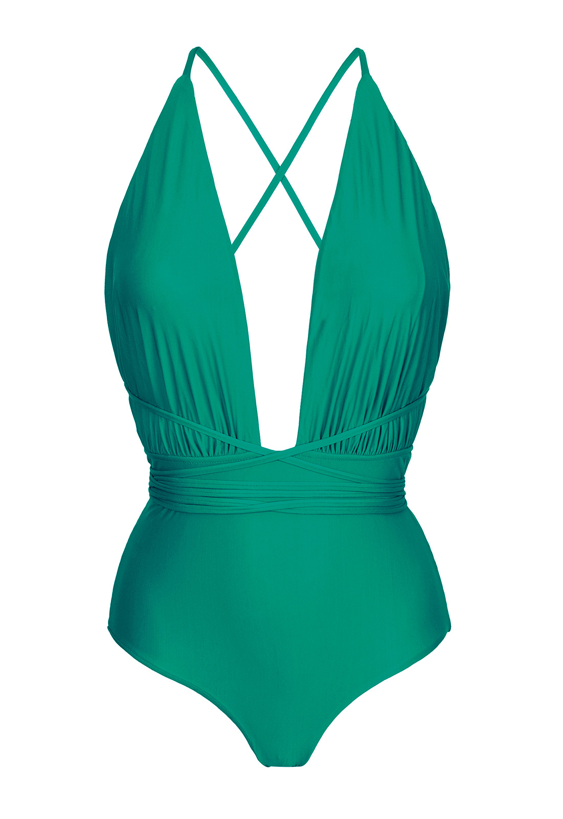 Green Plunging One-piece Swimsuit With Slim Back Crossed Straps - New ...