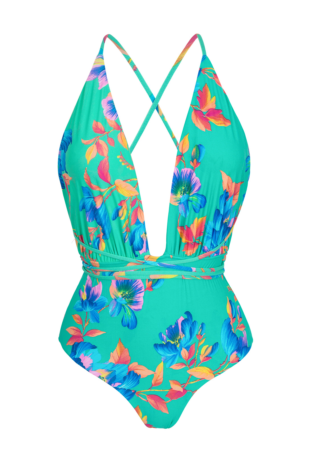 Plunging Floral Turquoise One-piece Swimsuit - Acqua Flora New Vegas ...