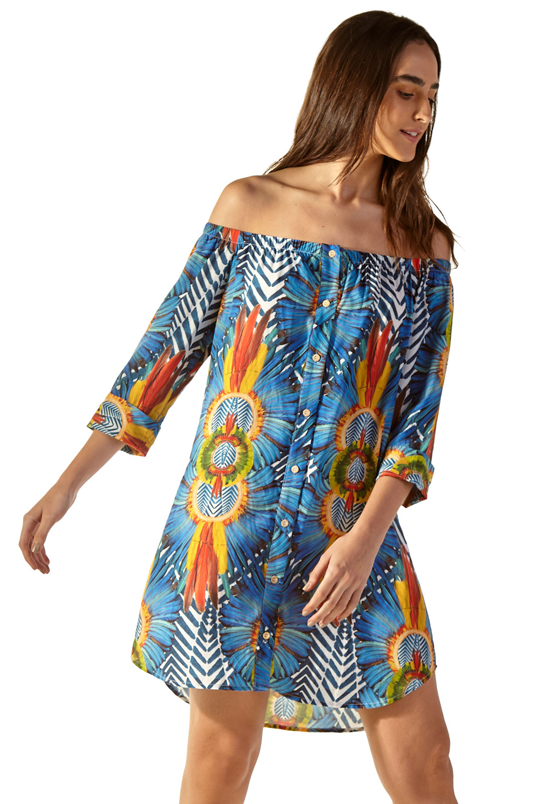Colorful Tropical Beach Dress With Bare Shoulders - Sunny Cocarde - Blueman