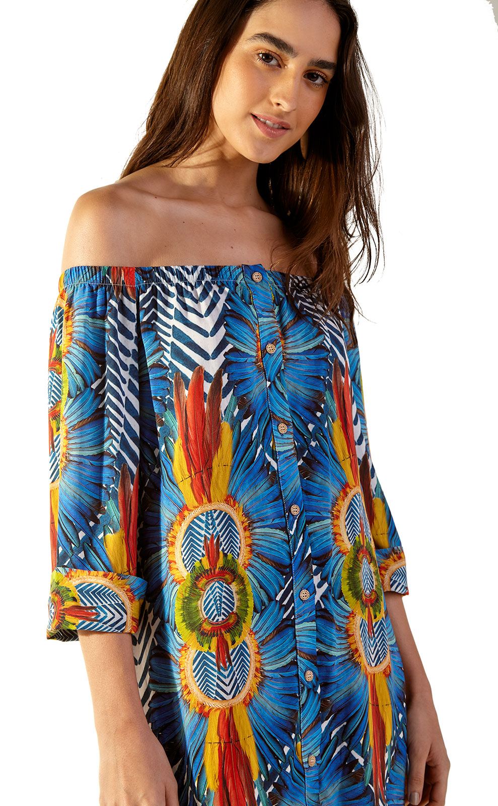 Colorful Tropical Beach Dress With Bare Shoulders - Sunny Cocarde - Blueman