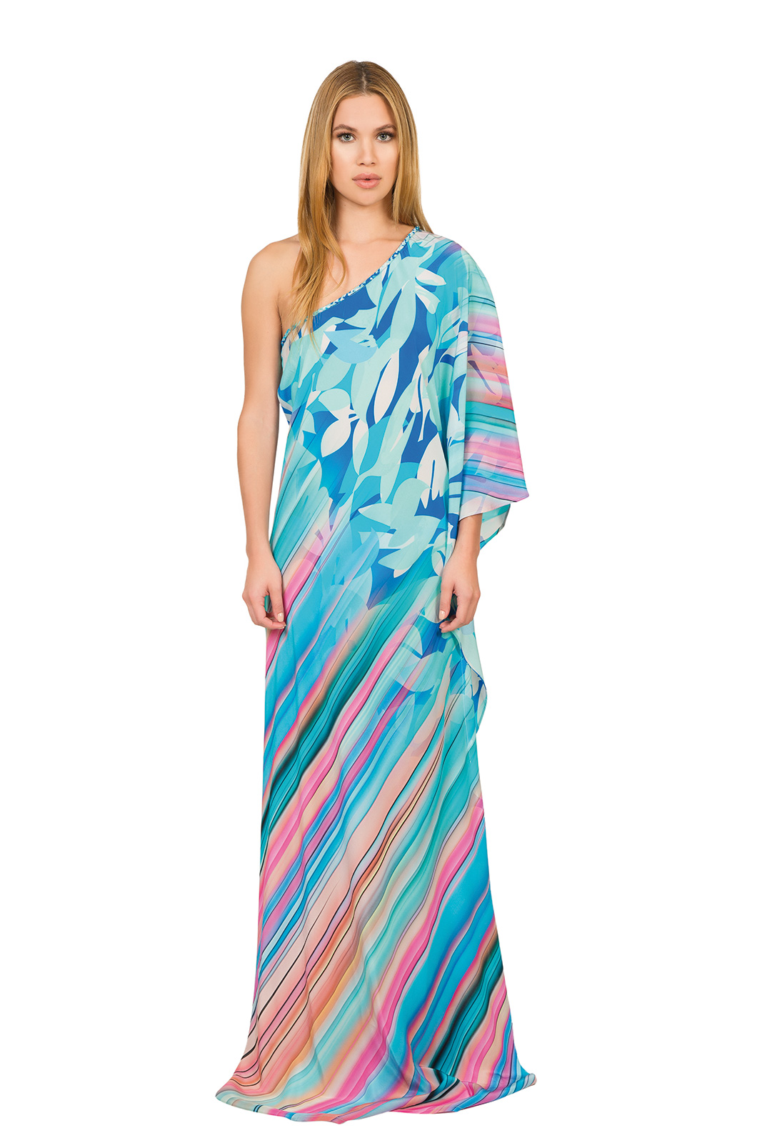Long Silk Beach Dress, One Shoulder  Etnico Tropical  Caffe