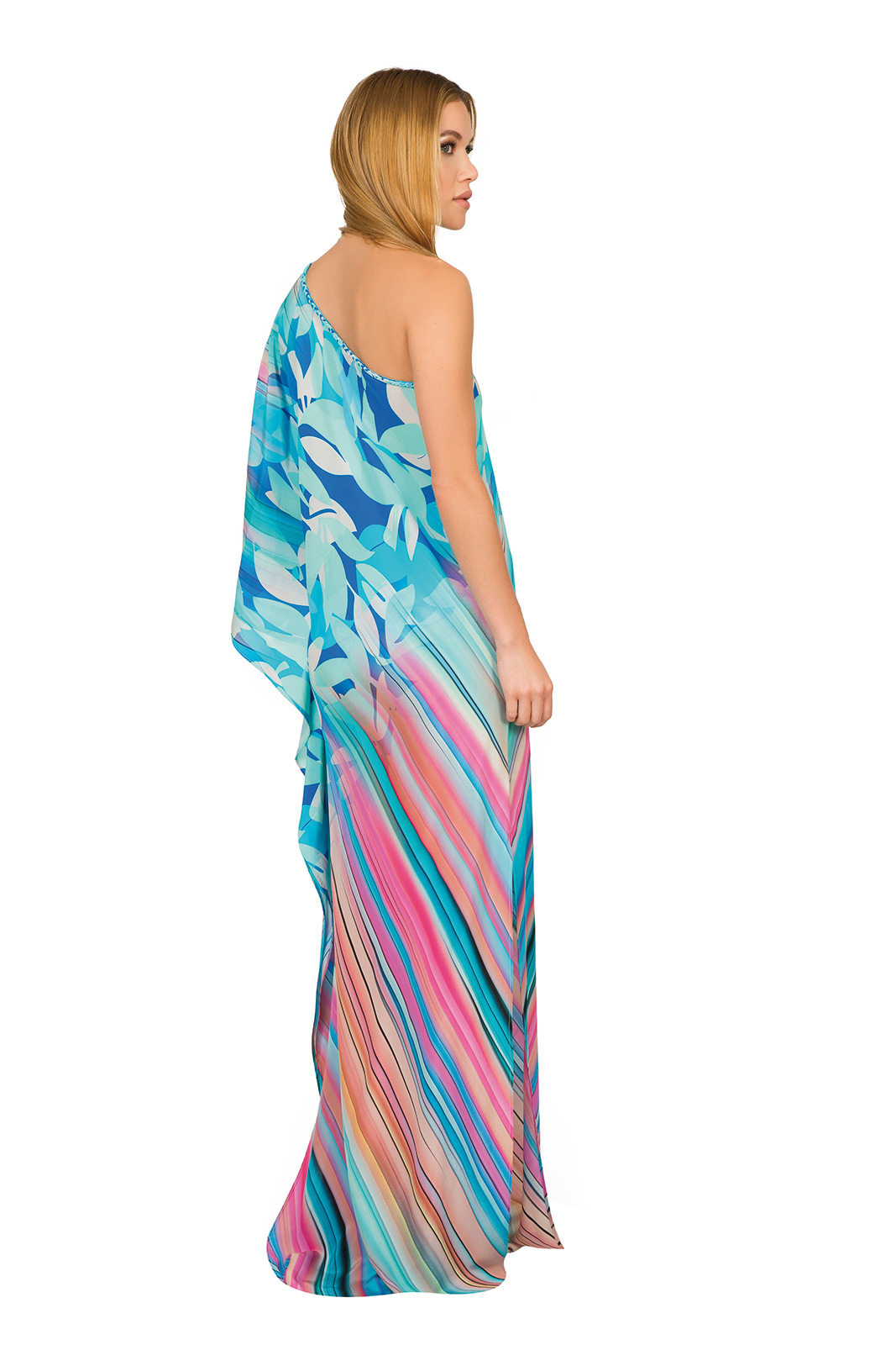 Long Silk Beach Dress, One Shoulder  Etnico Tropical  Caffe