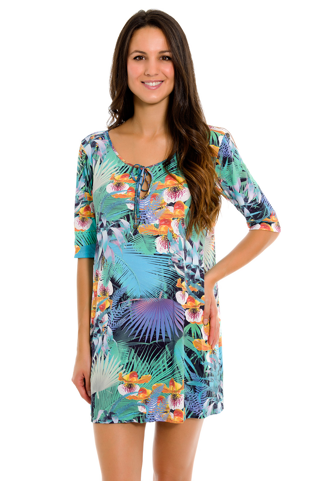 La Playa Blue Beach Cover-up With Tropical Flowers - Tunica Betta