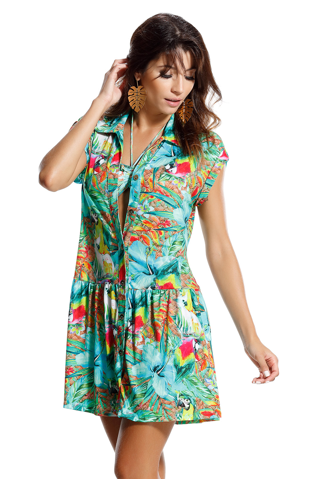 Kaftans / Cover ups Shirt Style Beach Dress, Tropical Print - Belize