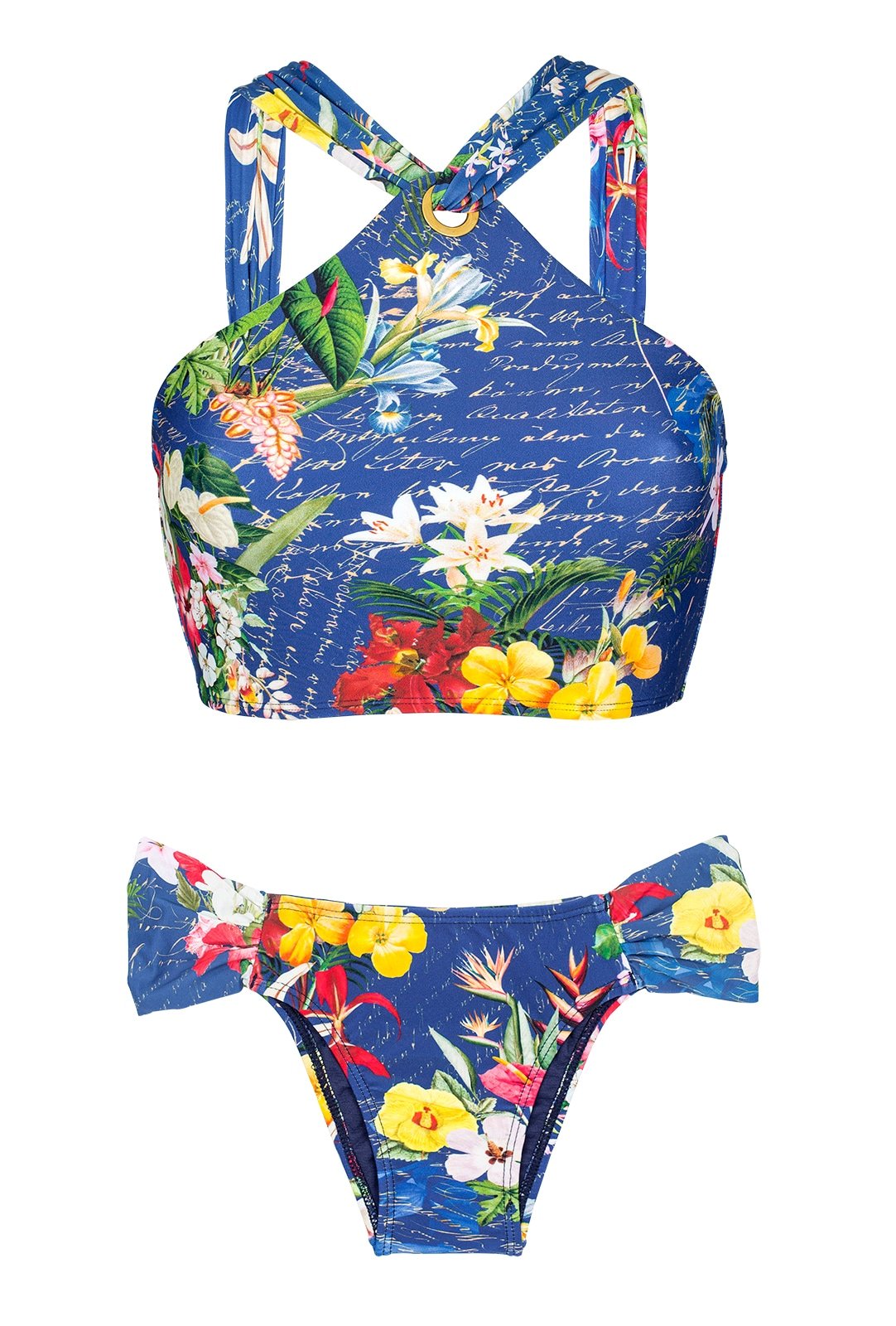 Blue Floral Crop Top Bikini With Eyelet Detail - Ilhos Pacifico - Blueman
