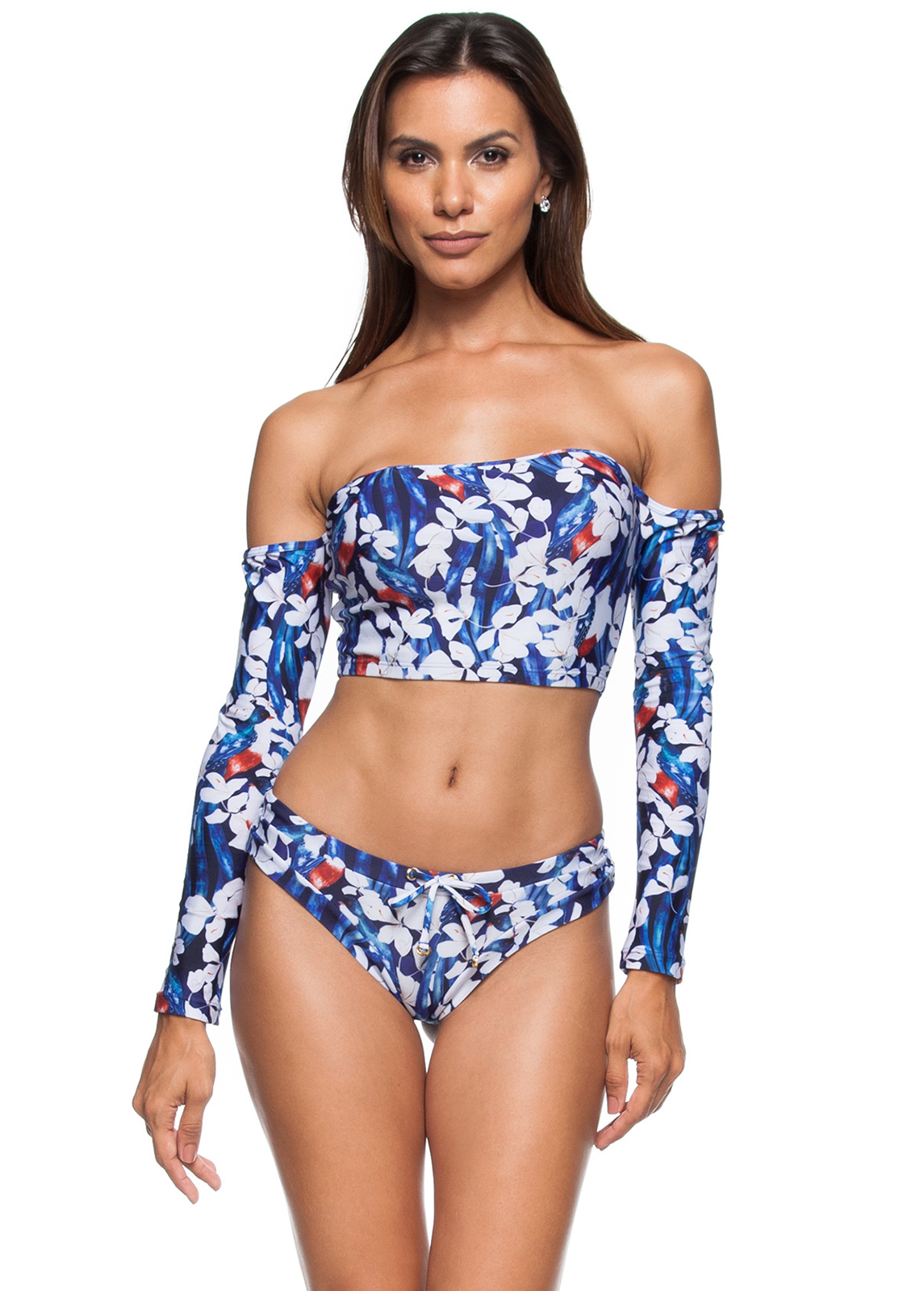 Floral Blue Bikini With Long Sleeved Crop Top Litoral Hondurenho 5294