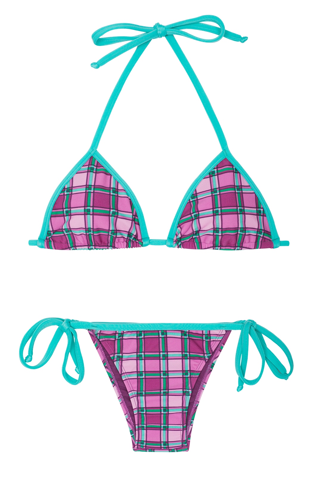 Pink Check Brazilian Bikini With Green Ties Bikini Xadrez Rio De Sol