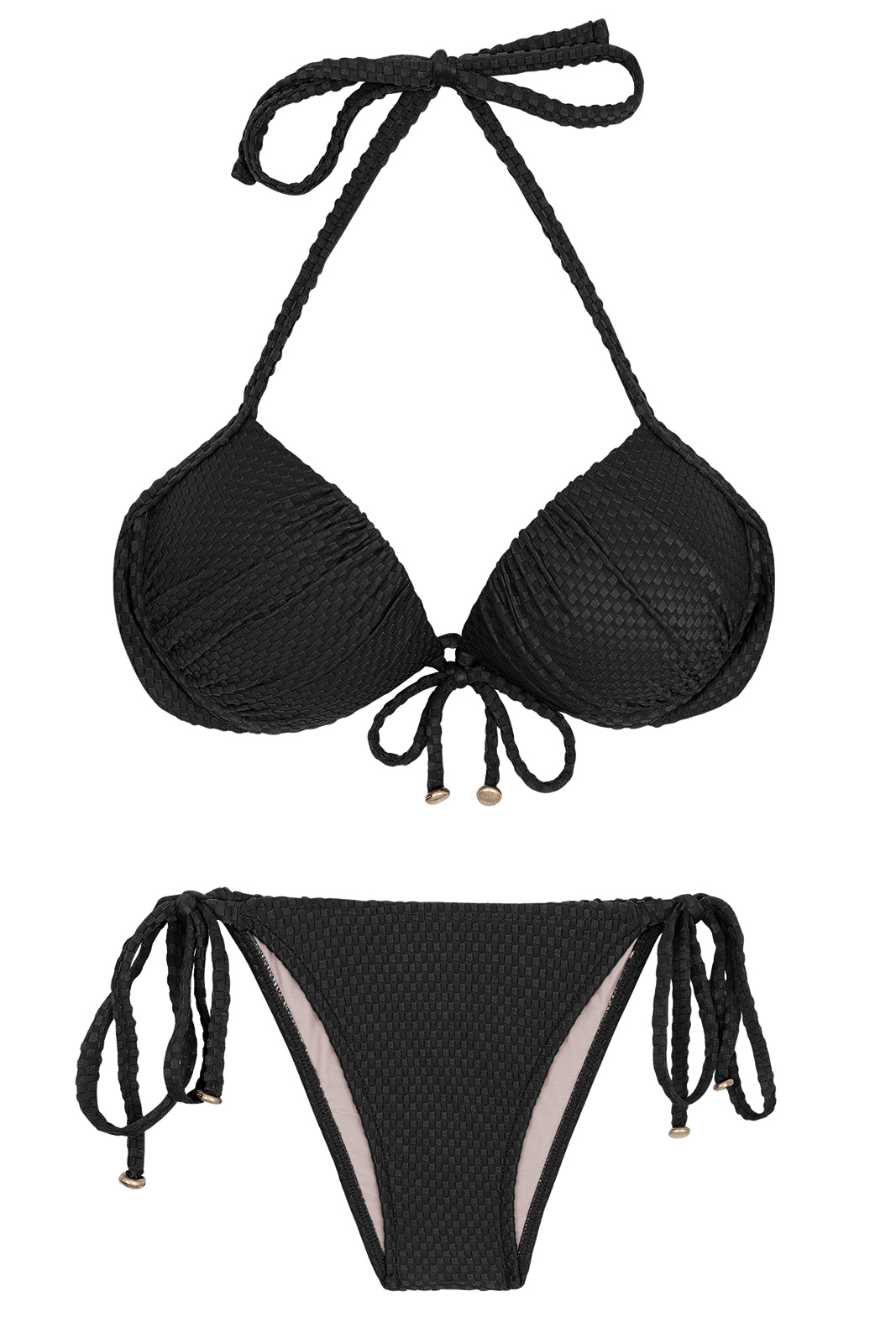 Black Side-tie Textured Brazilian Push Up Bikini - Cloque Preto ...