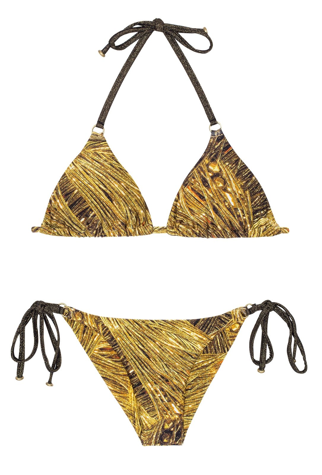 Gold Colour Print Triangle Bikini With Ring Detail Cortininha Argola Reluzente Rio De Sol