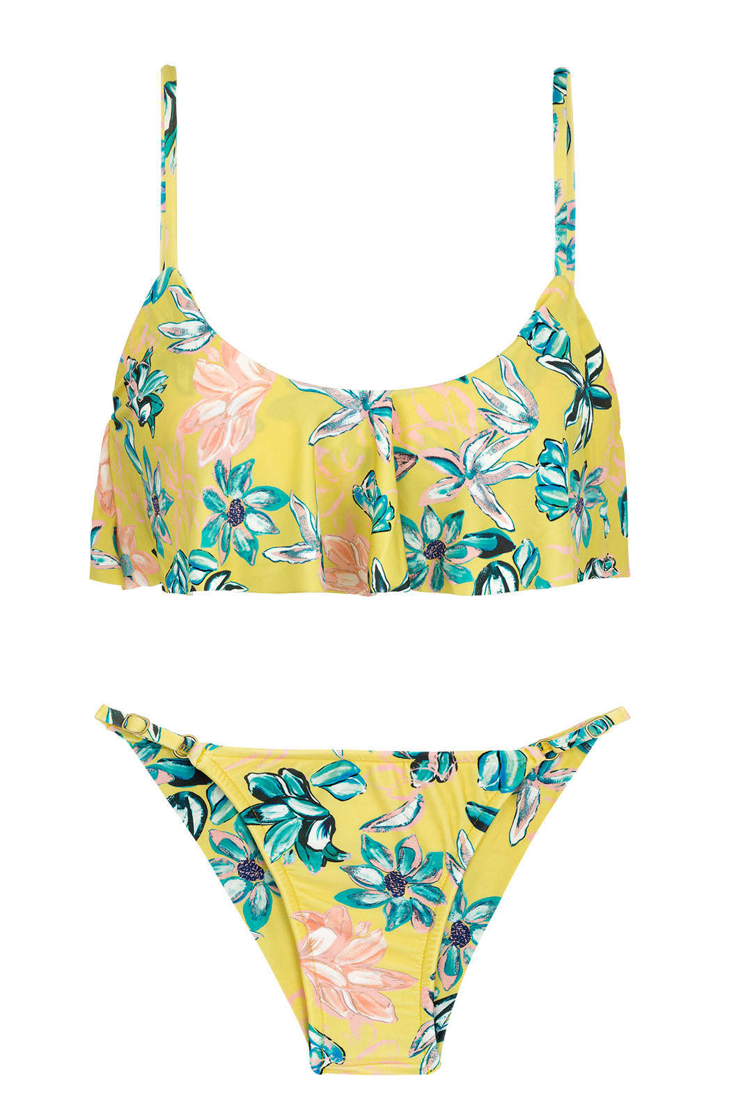 Yellow Floral Adjustable Scrunch Bikini With Ruffled Top - Florescer ...