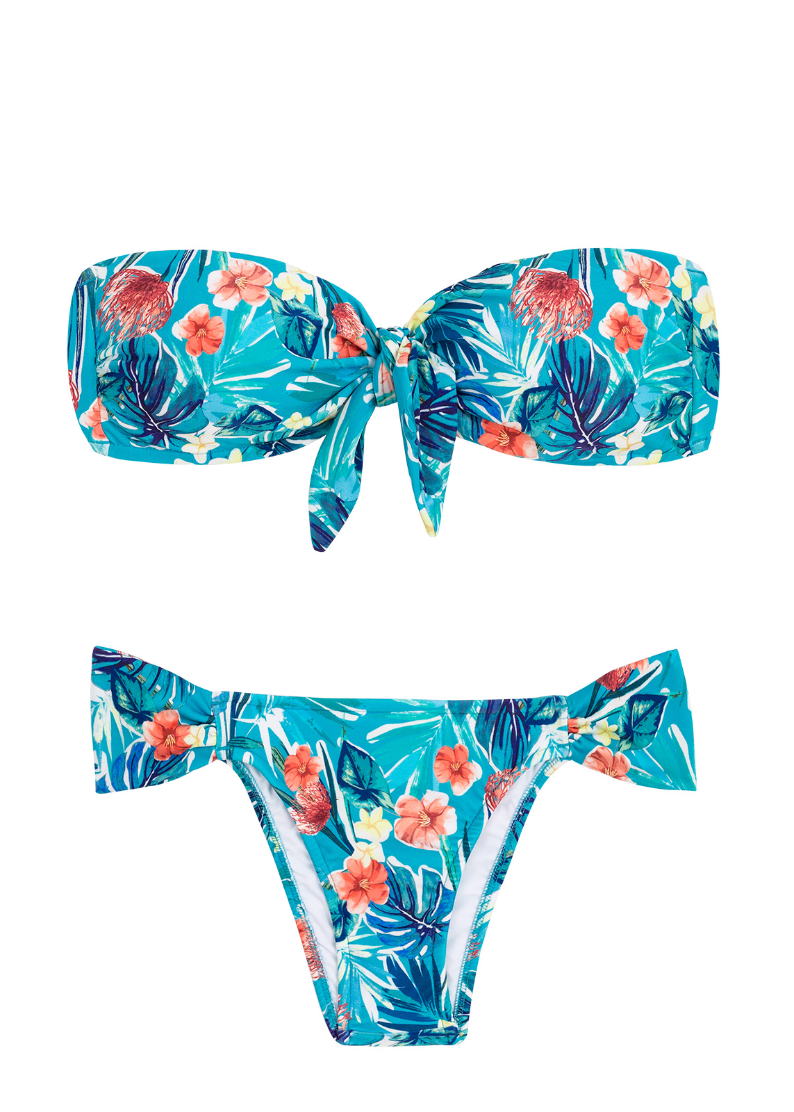 Floral Blue Fixed Brazilian Bikini With Bandeau Top With Front Knot 4041