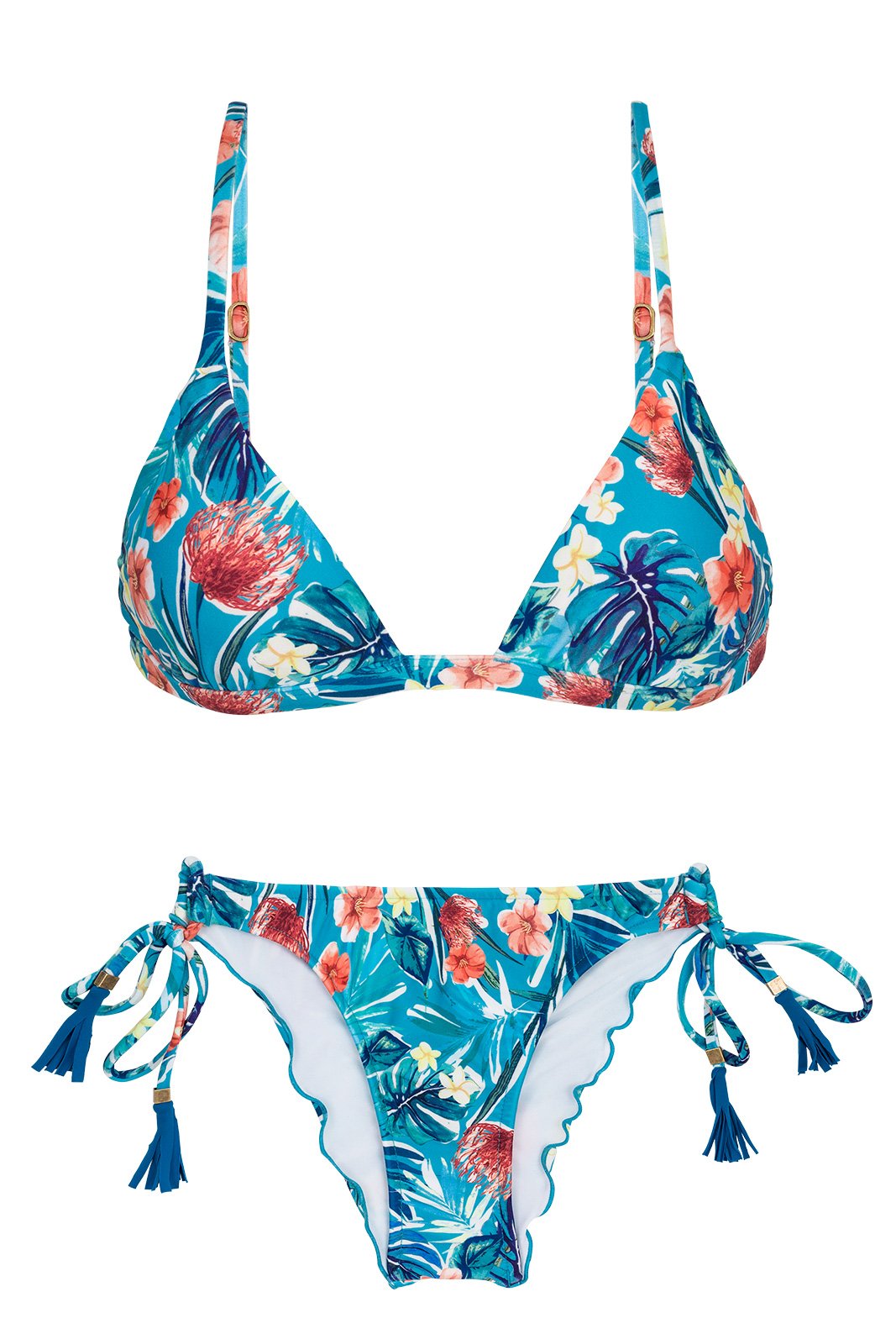 Blue Floral Adjustable Brazilian Bikini With Pompoms Isla Tri Fixo ...