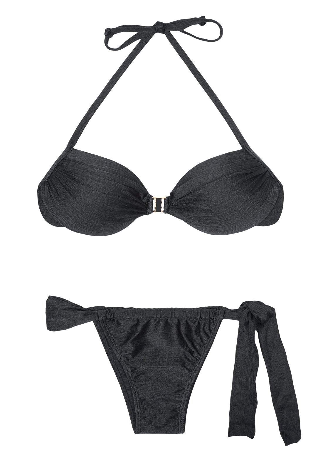 Black Satin Balconette Bikini With Sliding Bottom Lace Black
