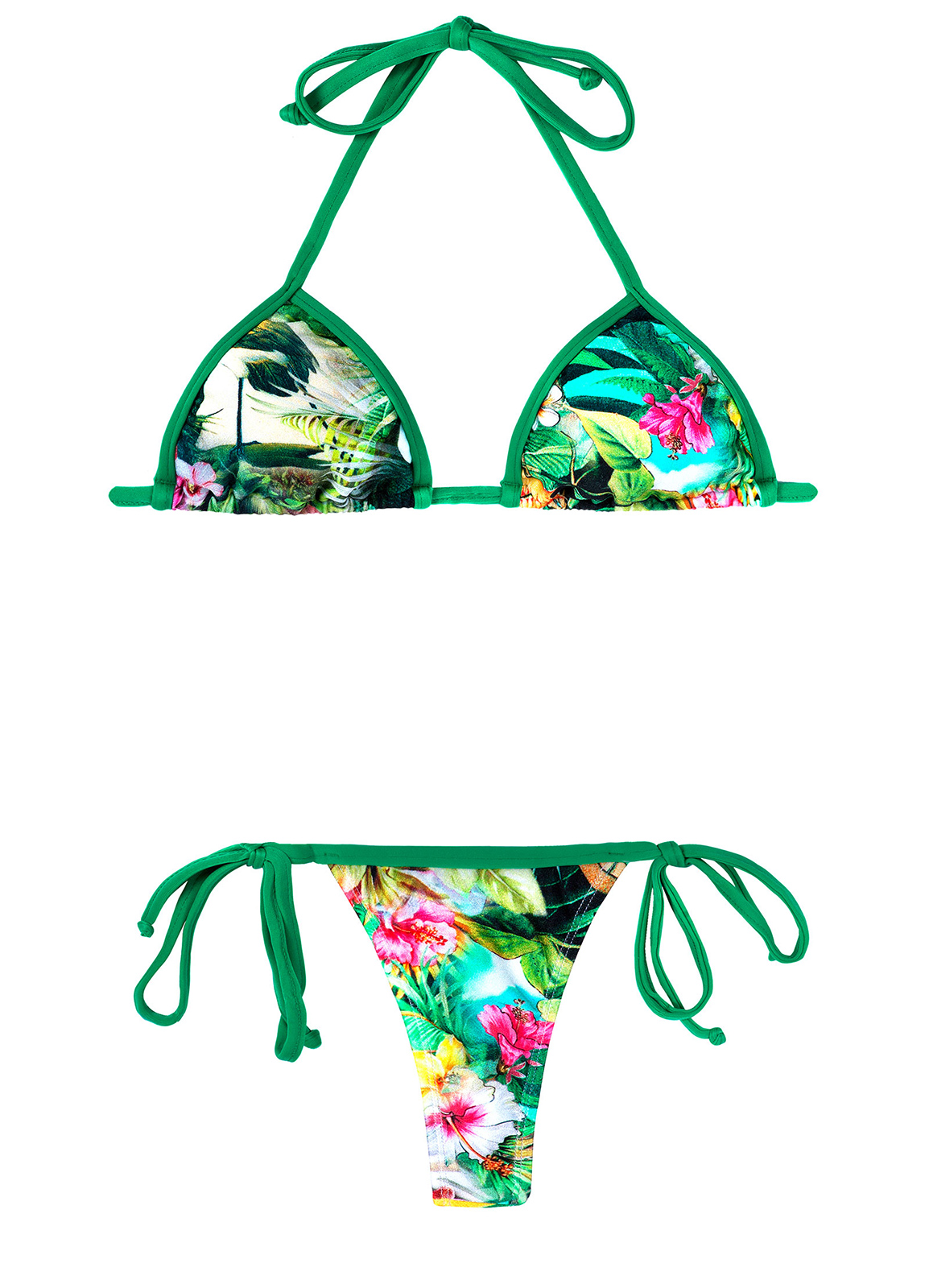 Green String Bikini With A Tropical Flower Print - Paisagem Micro