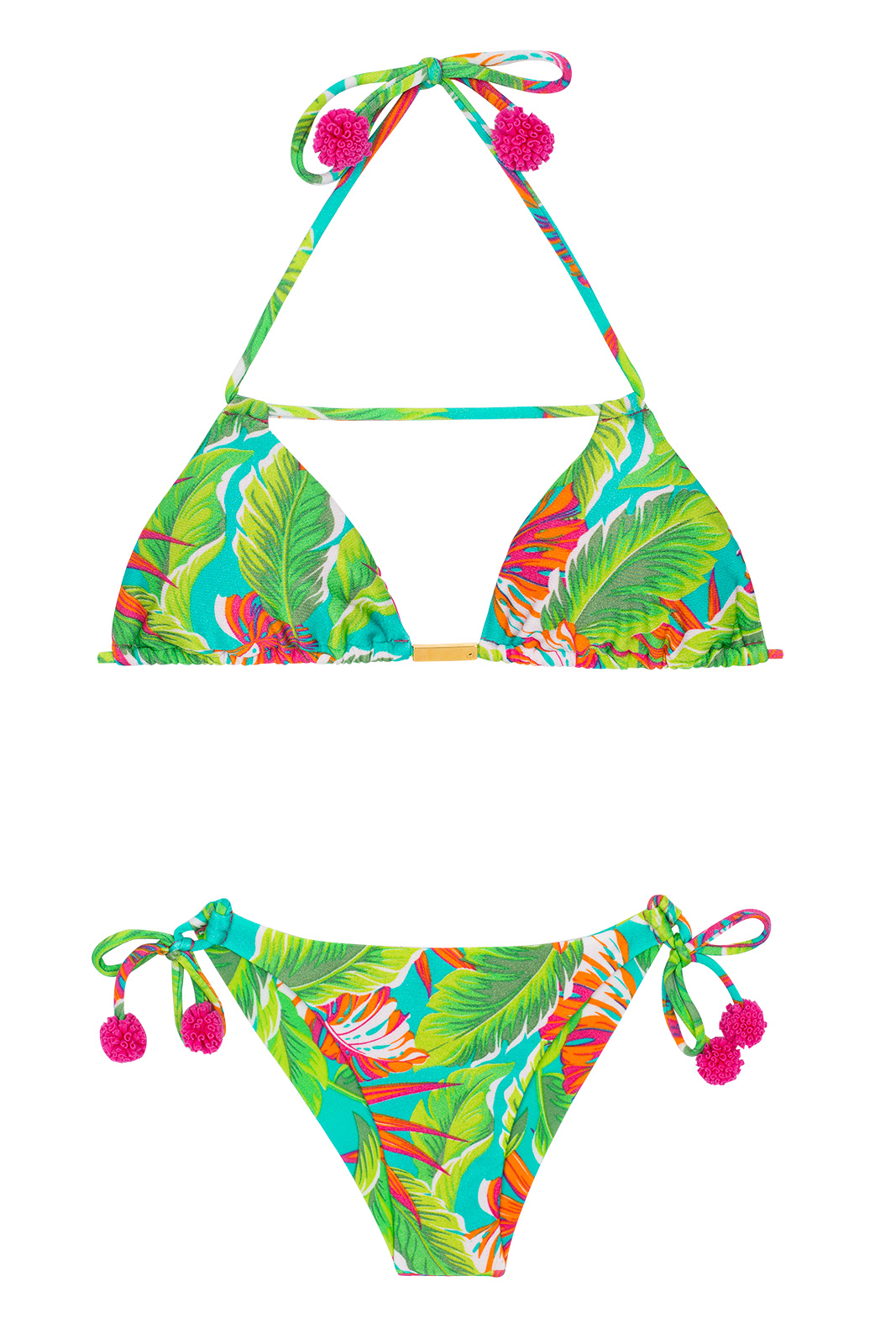Green Tropical-print Triangle Bikini With Pink Tassels - Paradise Green ...