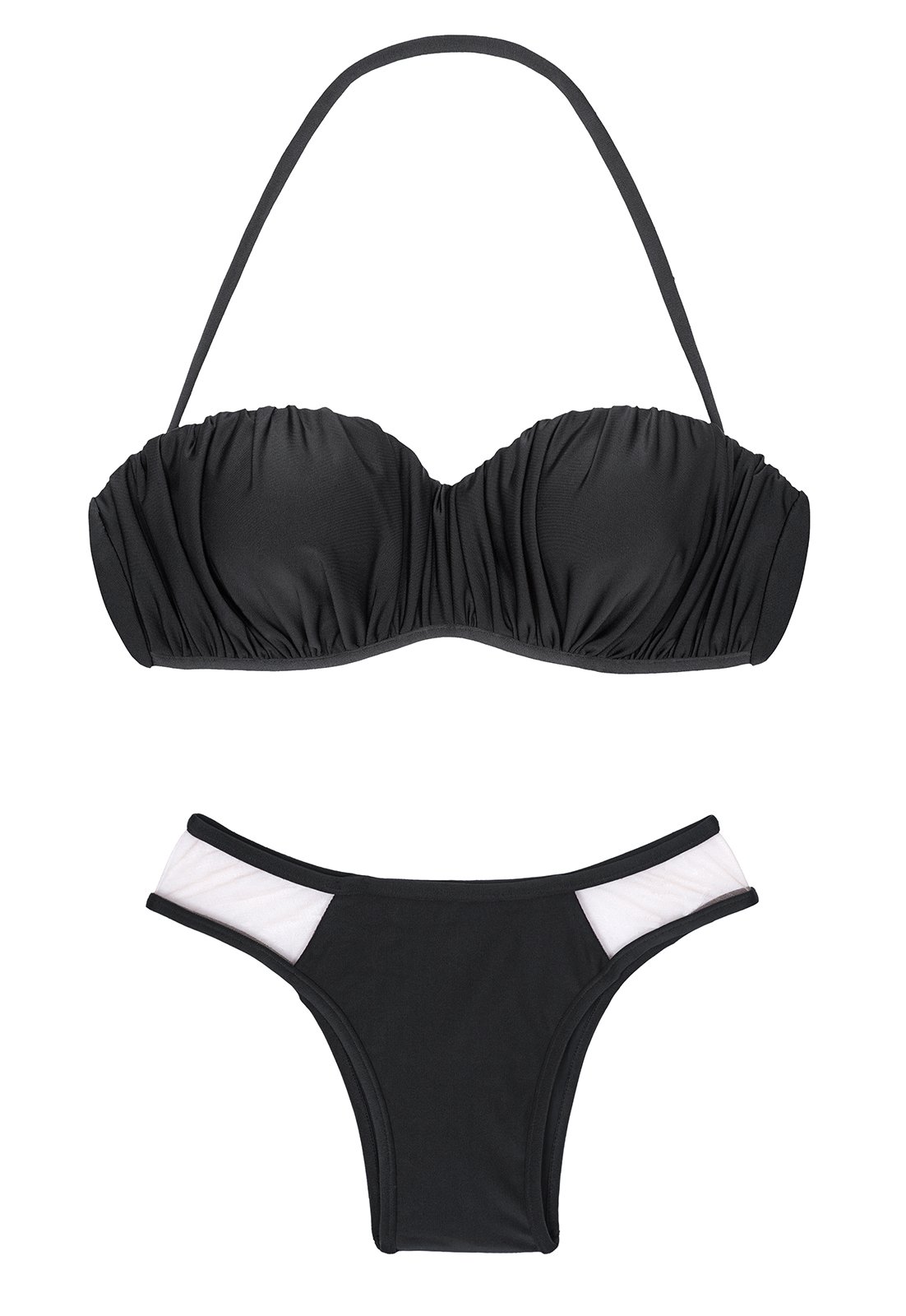 Black Bandeau Bikini, Low-cut Bottom, Bi-material - Poko Tule Preto
