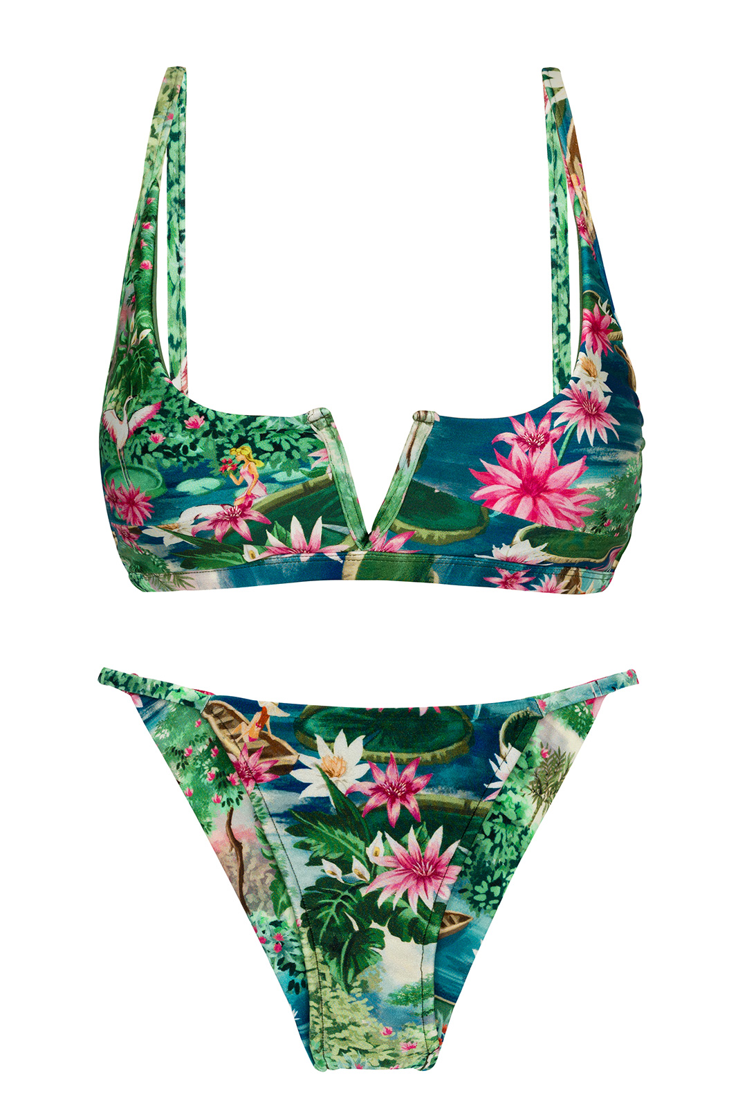 Green Tropical Cheeky Brazilian Bikini With V Bralette Top Set