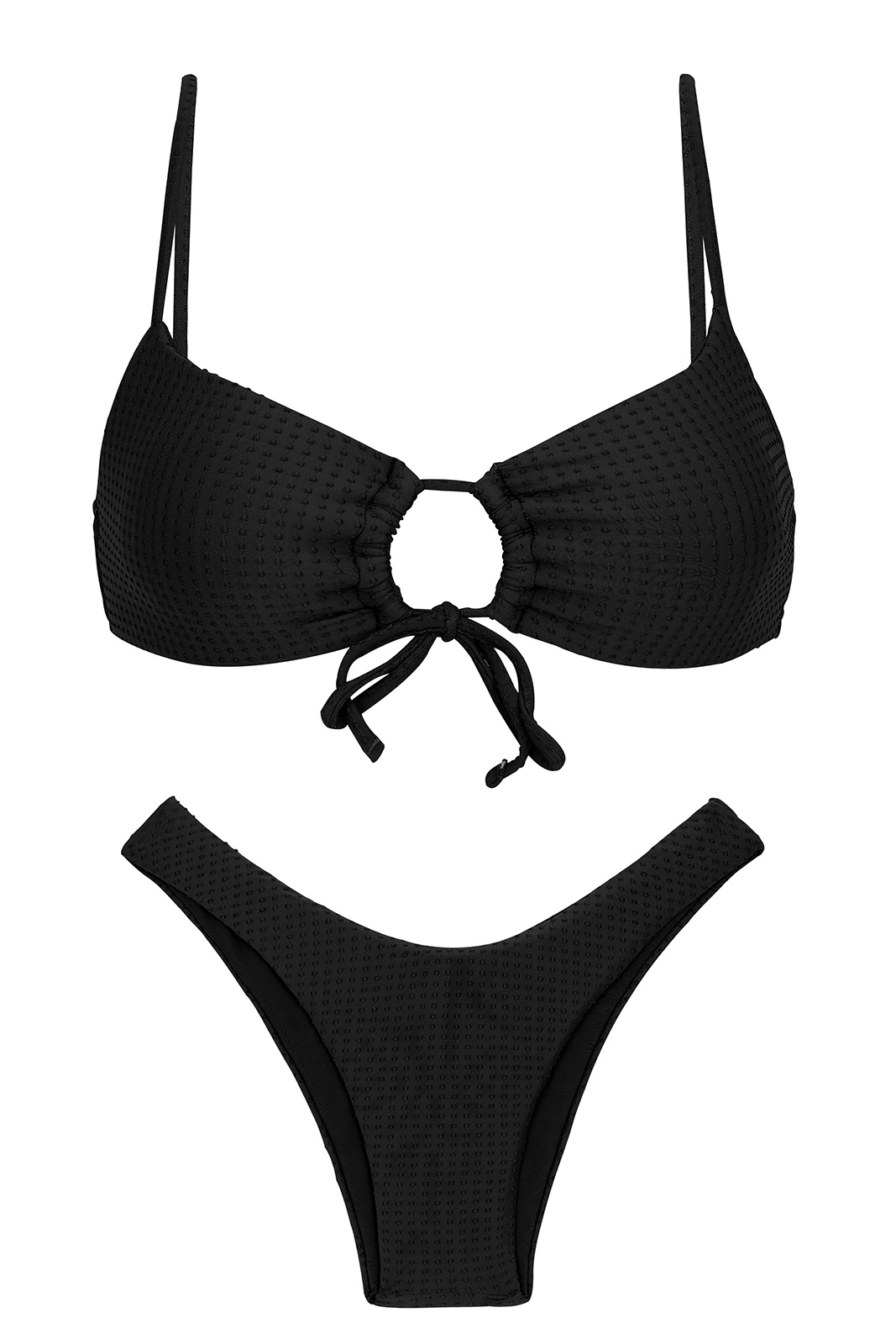 Embossed Textured Black High Leg Bikini With Front Tie Top Set Dots Black Mila High Leg Rio