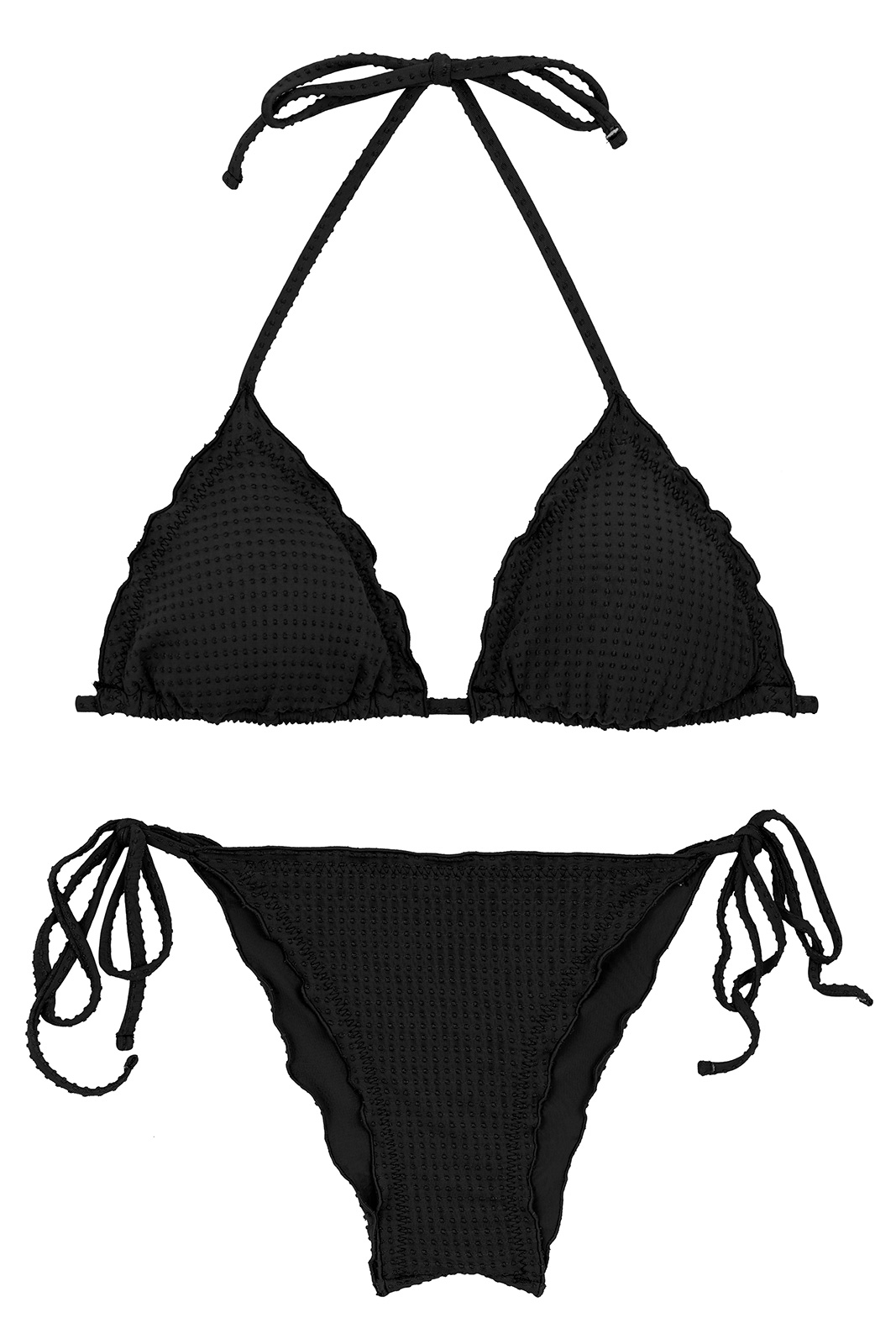 Bikini Scrunch Noir Texturé En Relief Bords Ondulés Set Dots Black