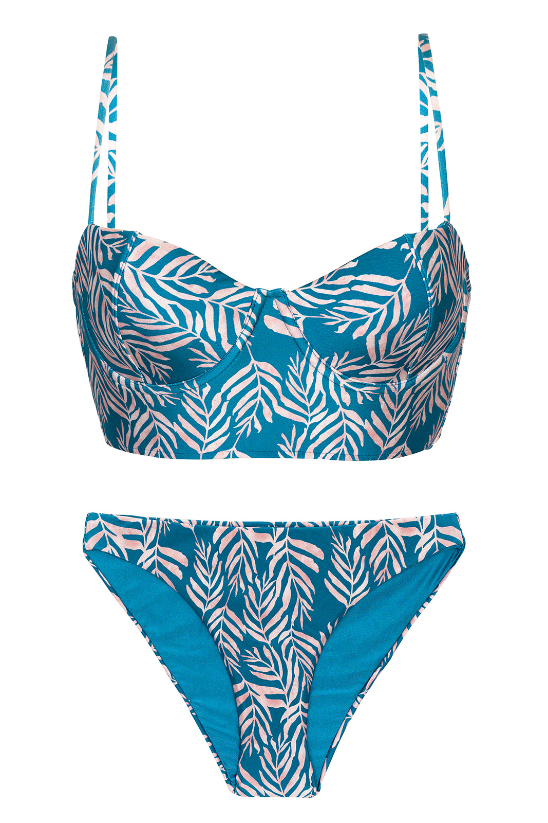 Blue Laced Back Bralette Bikini With Leaf Pattern Set Palms Blue