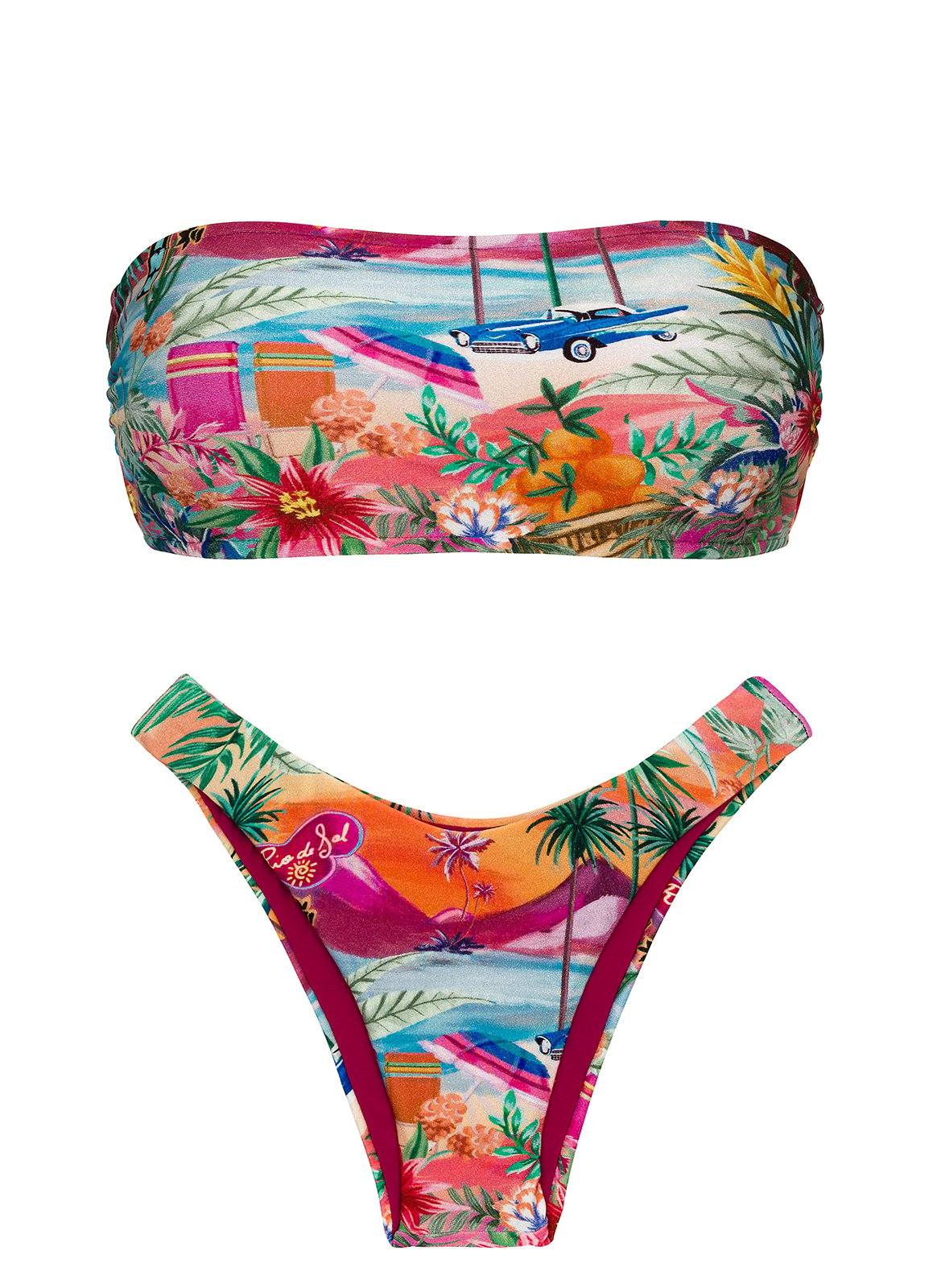 Colorful Tropical High Leg Brazilian Bikini With Bandeau Top Set