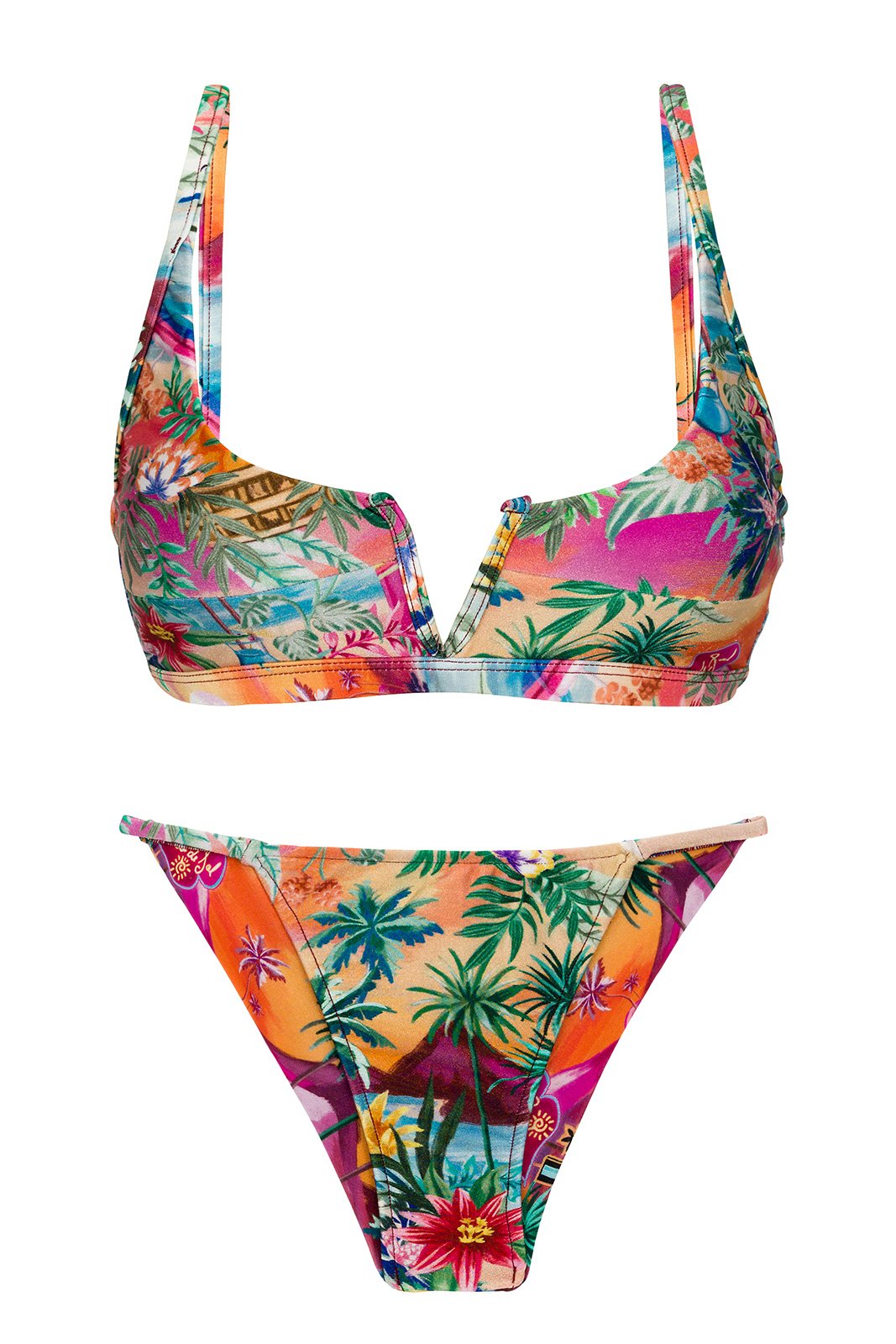 Colorful Tropical Cheeky Brazilian Bikini With V Bralette Top Set 