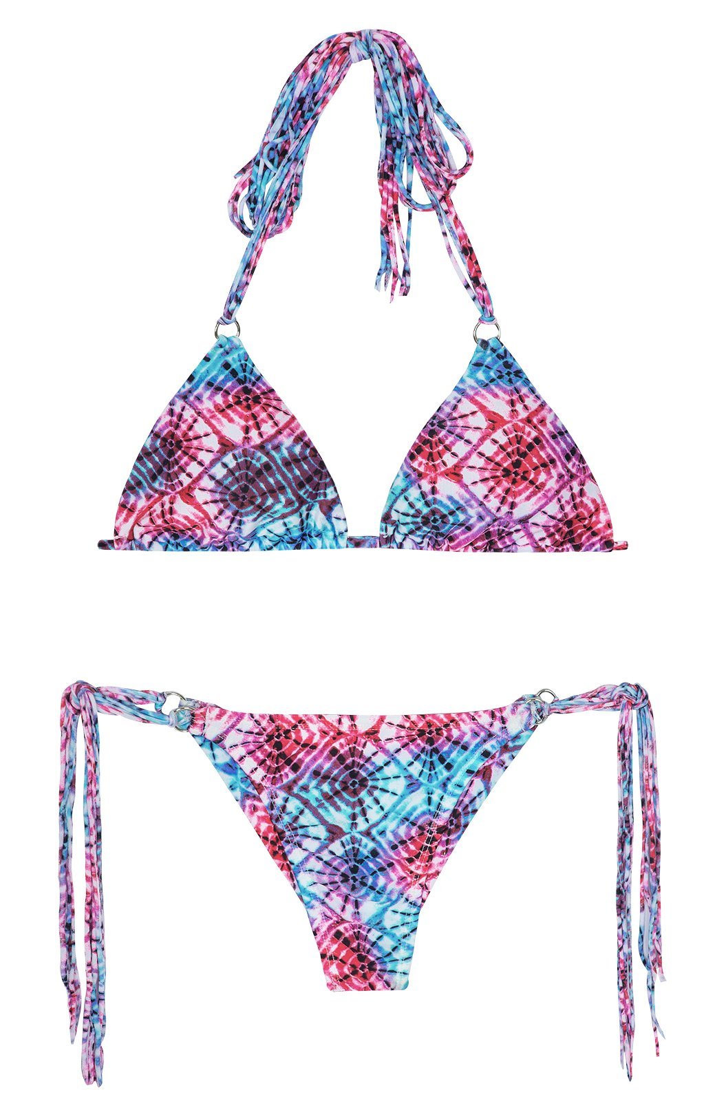 String Bikini, Pink And Blue Tie Dye With Fringe - Tiejean Boho Mini