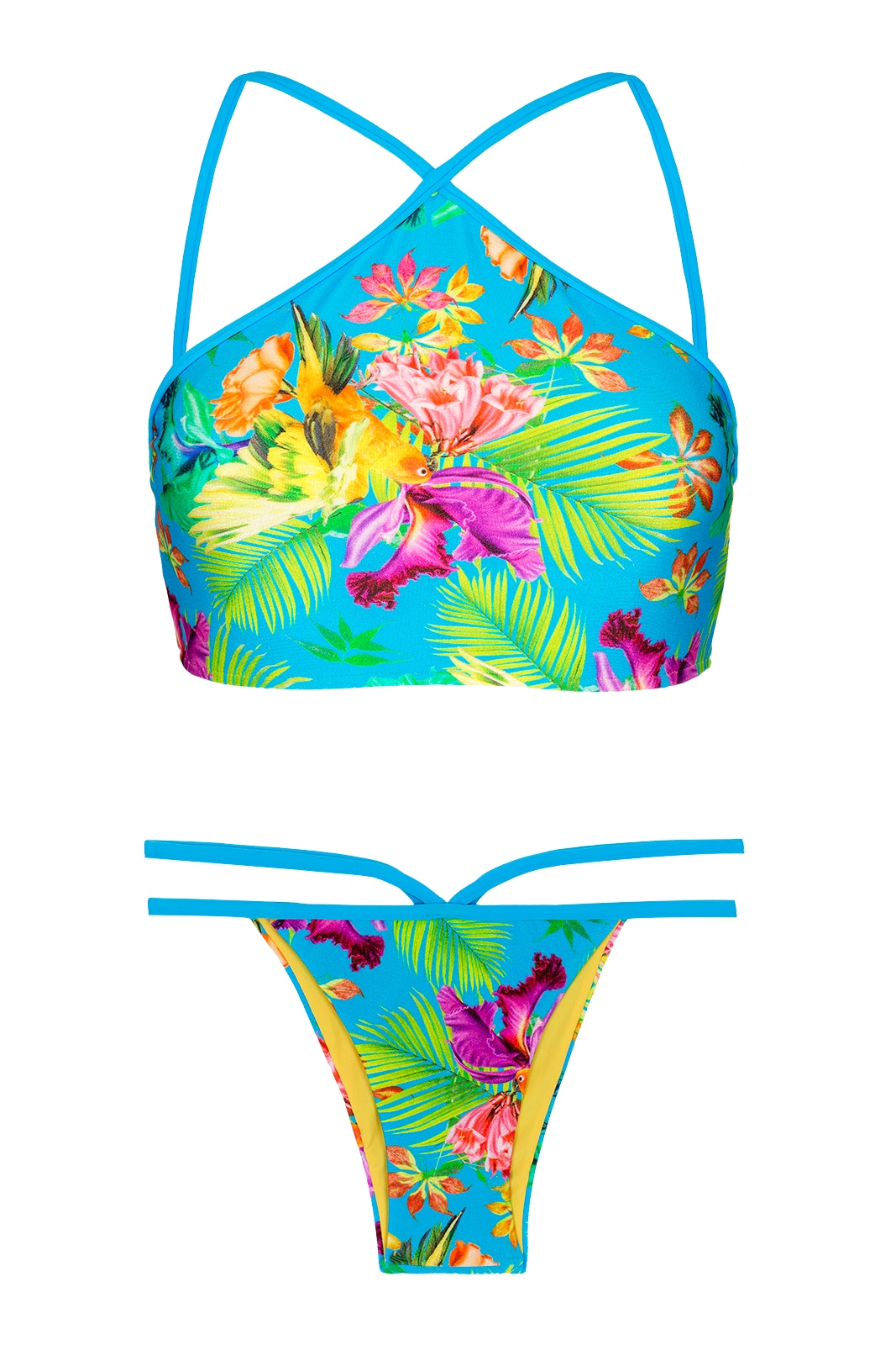 Tropical Print High Neck Crop-top Bikini - Tropical Blue Neck - Rio de Sol