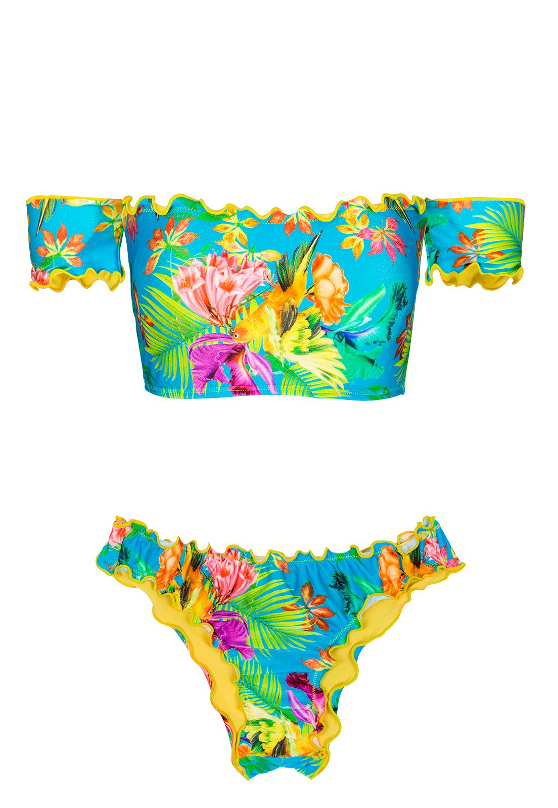Bandeau Bikini In Tropical Flower Print With Sleeves - Tropical Blue ...