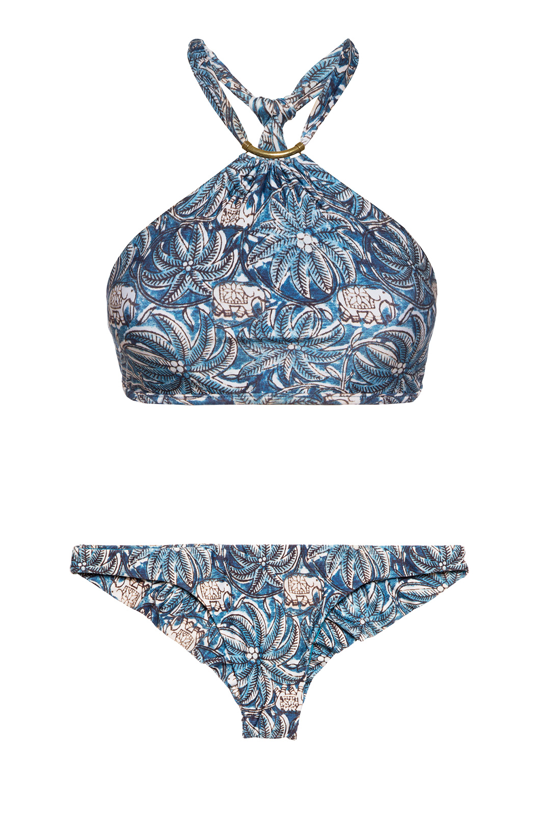 Blue Crop Top Swimsuit With Leaf Print - Jakarta Thai Halter