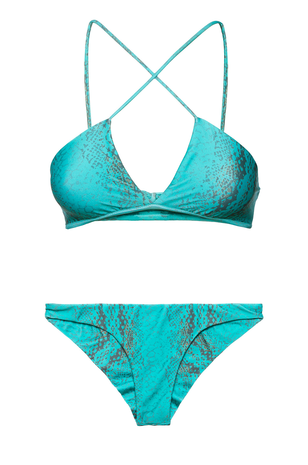 Snakeskin Print Bra Top Bikini With Criss-cross Straps - Taman Green