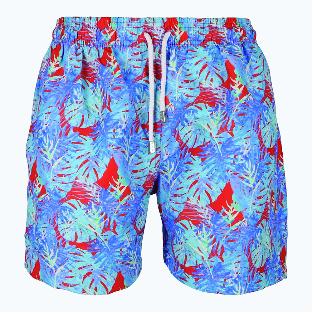 Men`s Swimming Shorts With Blue Leaf Pattern Over A Red Background ...