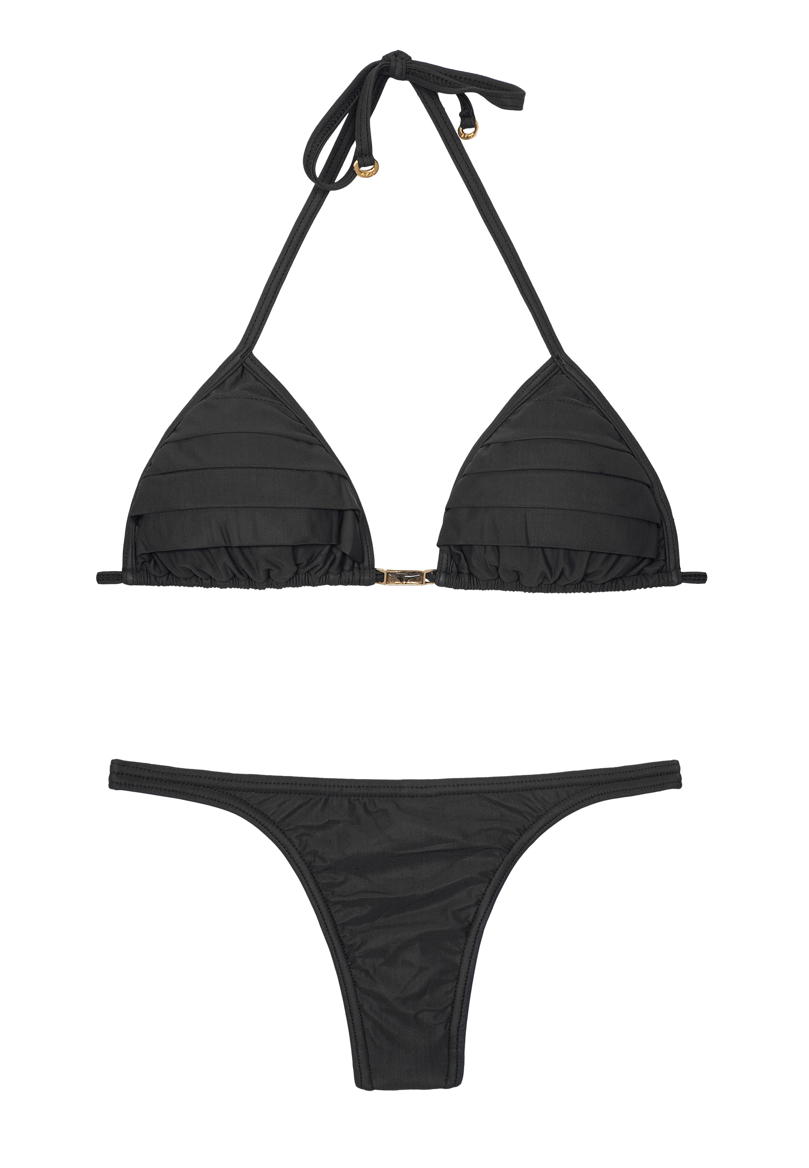 Black Thong Bikini Sliding Triangle With Frills Prega Preto